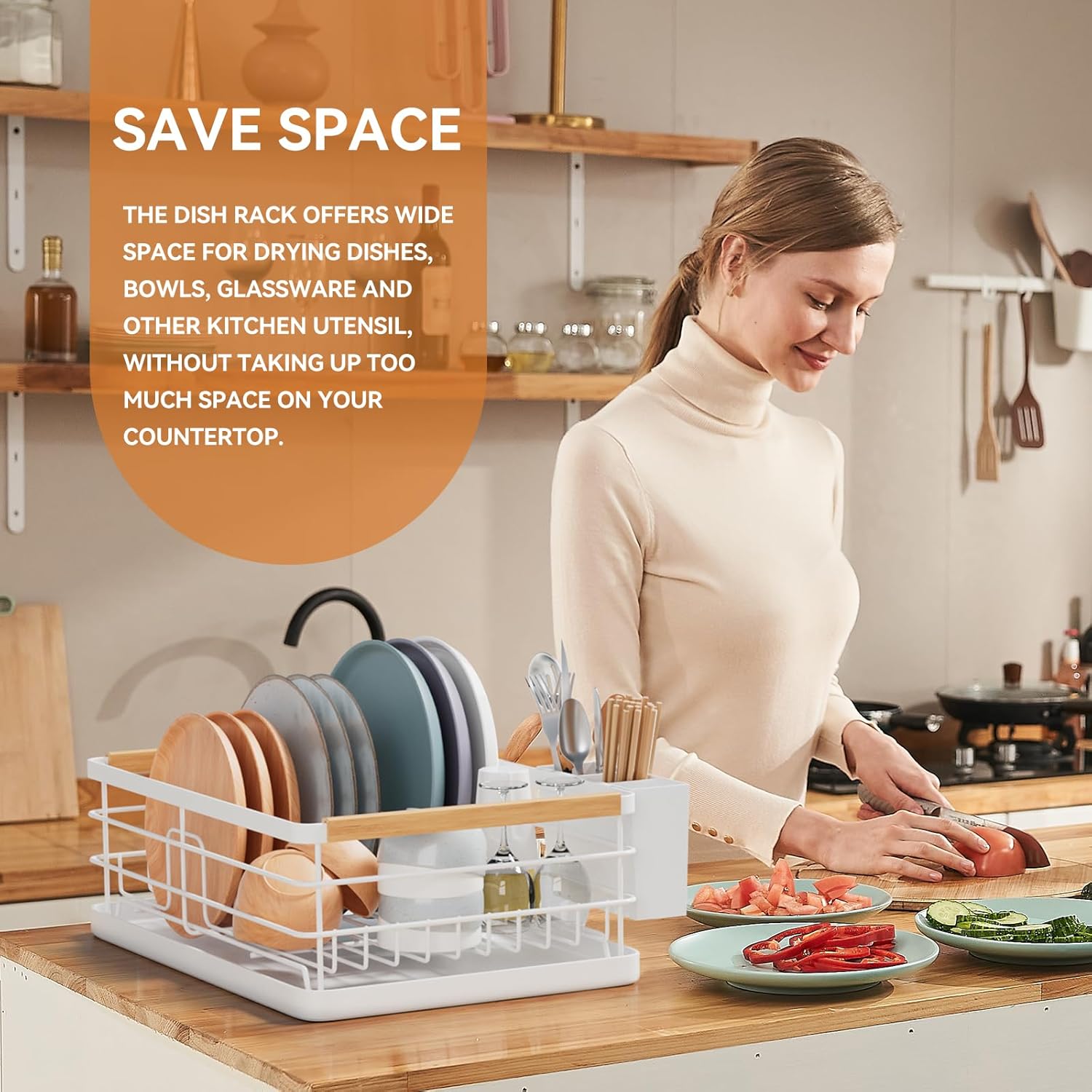 BRIAN & DANY Dish Drying Rack, Dish Racks for Kitchen Counter, Stainless Steel Dish Drainer with Removable Cutlery Holder & Drainboard, White