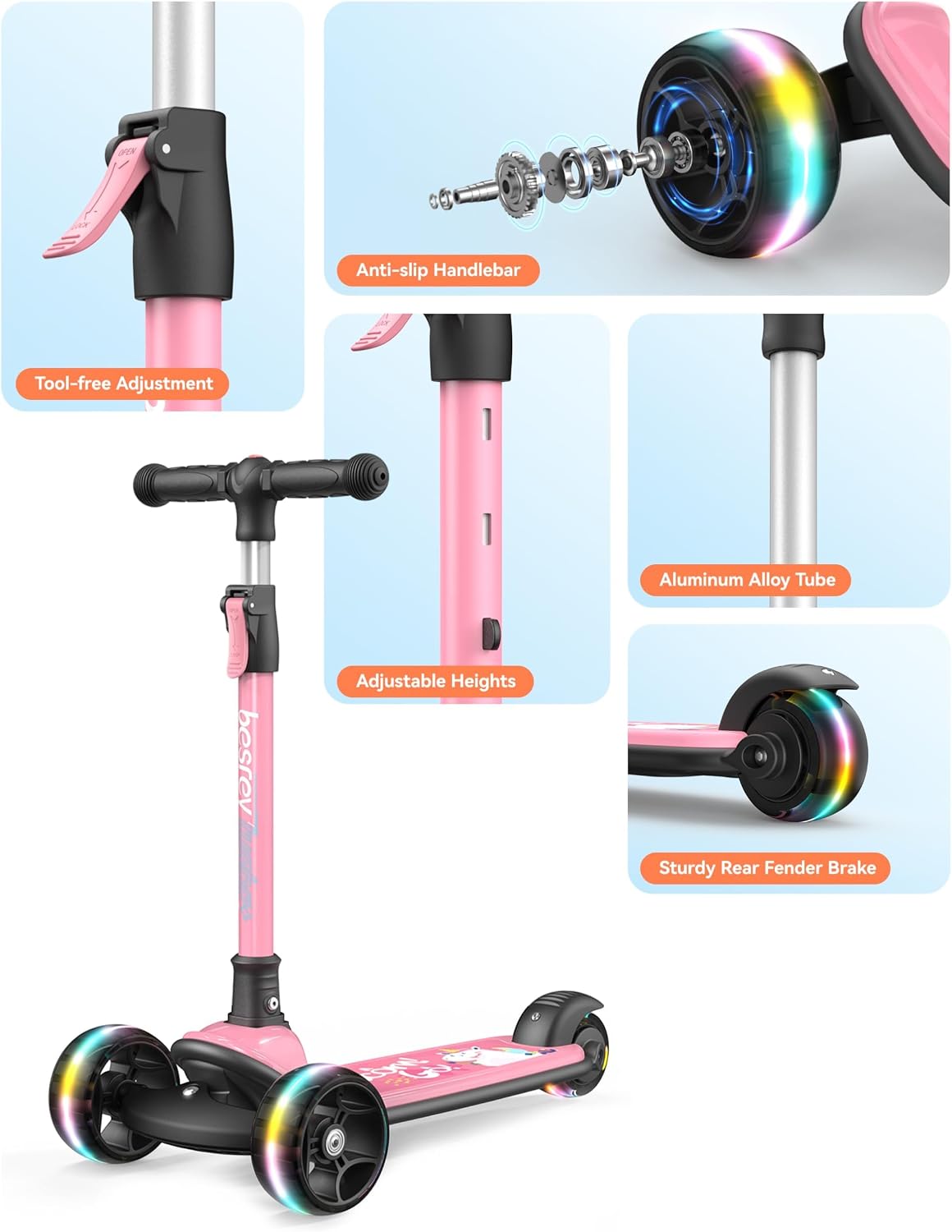 besrey 3 Wheel Scooter for Kids Ages 3-10 with 4 Adjustable Height