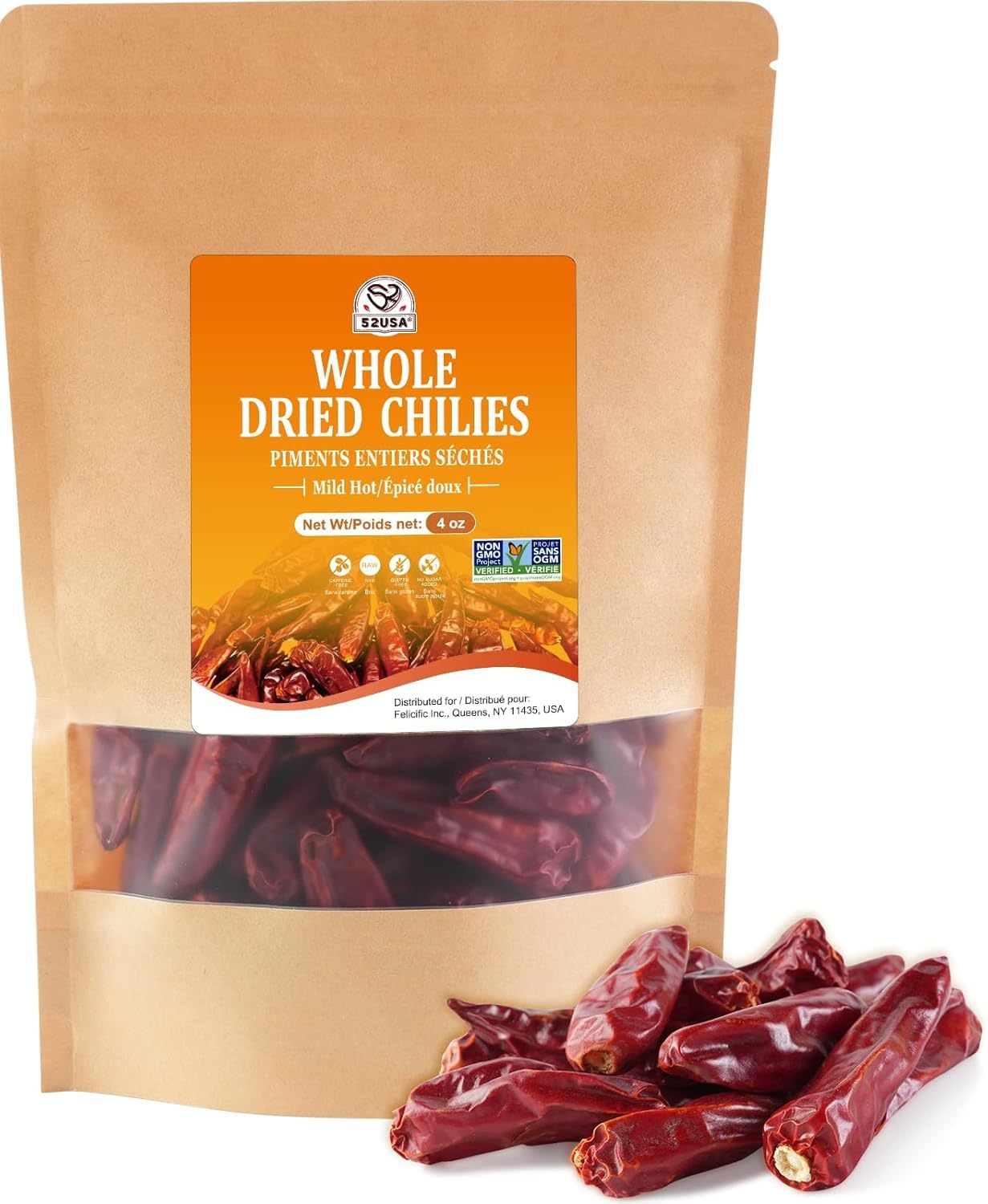 52USA Dried Chilli Peppers, Whole Dried Chilies 4 oz, Mild Spicy Chili Peppers, 100% Natural & Premium Sichuan Red Dry Chilis, Red Chili Peppers