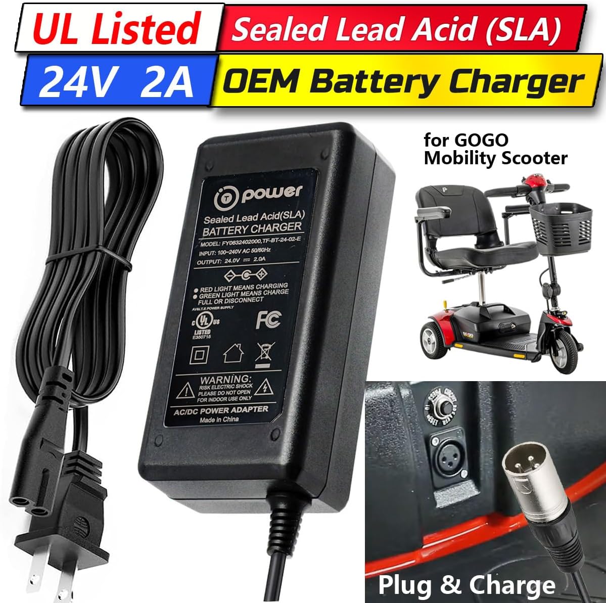 T POWER 24V 2A GoGo Mobility Scooter Charger – Quick 3-Pin XLR Battery Charger for Pride Go-Go, Jazzy Power Chair, ShopRider, Drive Medical