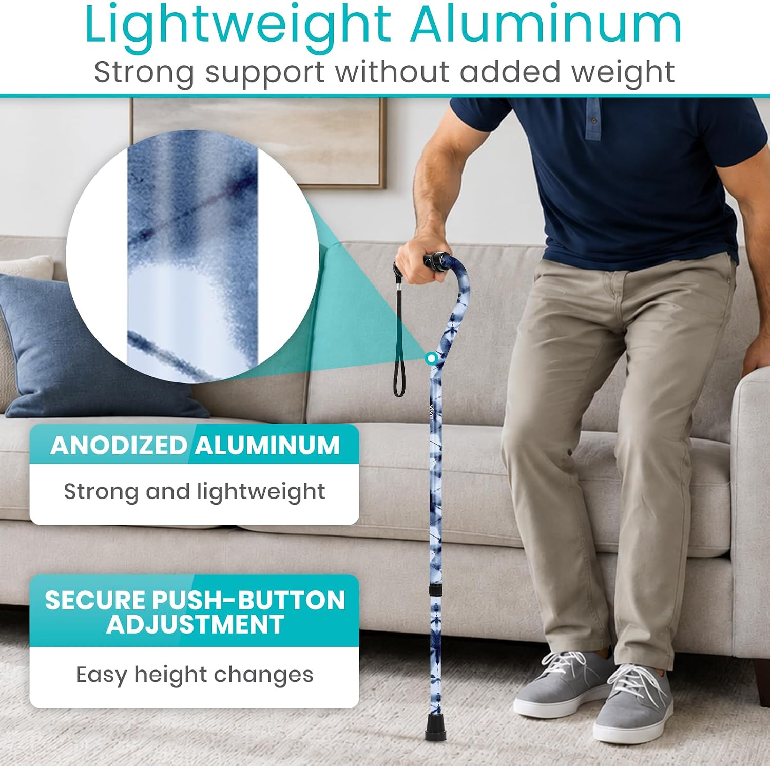 Vive Walking Cane for Women, Men, Elderly - Patented Offset Grip - Lightweight Adjustable Walking Aid with a Non-Slip Tip - Sturdy Balancing Mobility Aid for Seniors