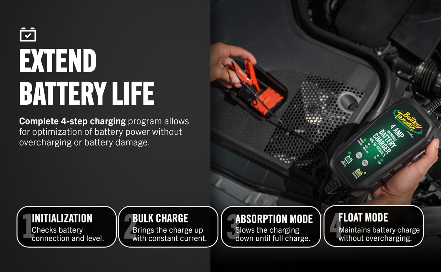 Battery Tender 4 AMP Battery Charger and Maintainer - Automotive Switchable 12V or 6V Smart Automatic for Cars SUVs and Trucks - Lead Acid, AGM, Gel