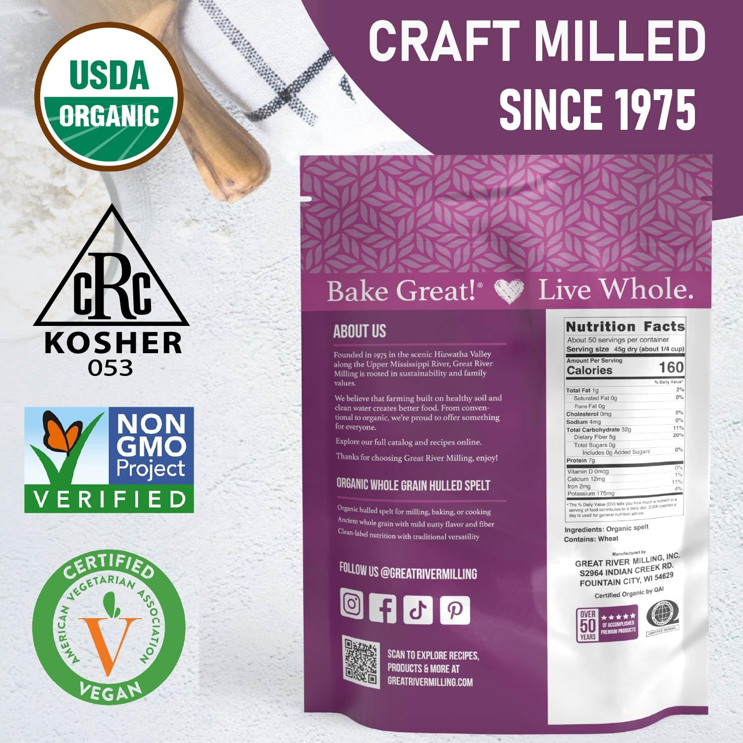 Great River Milling Organic Hulled Spelt Berries, Ancient Grain, 25 lb | Organic Hulled Spelt Berries for fresh spelt flour, bread, salads, pilaf, hot cereal and grain bowls; chewy cooked berries