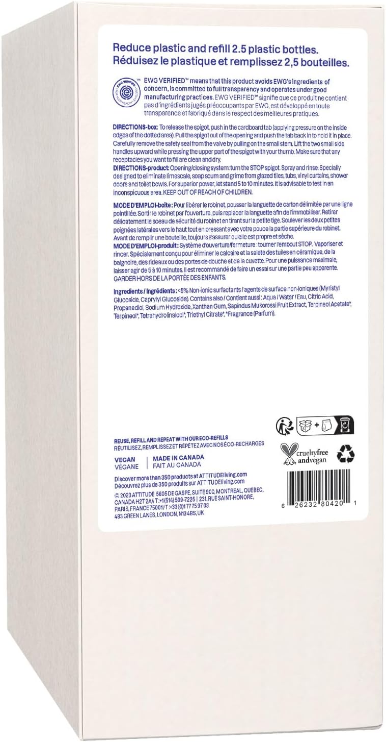 ATTITUDE Bathroom Cleaner Spray, EWG Verified, Plant-Based & Vegan, Safe for Bathroom Surfaces, Tiles, Tubs, Shower Walls, and Grout, Citrus Zest Scent, 27.1 Fl Oz