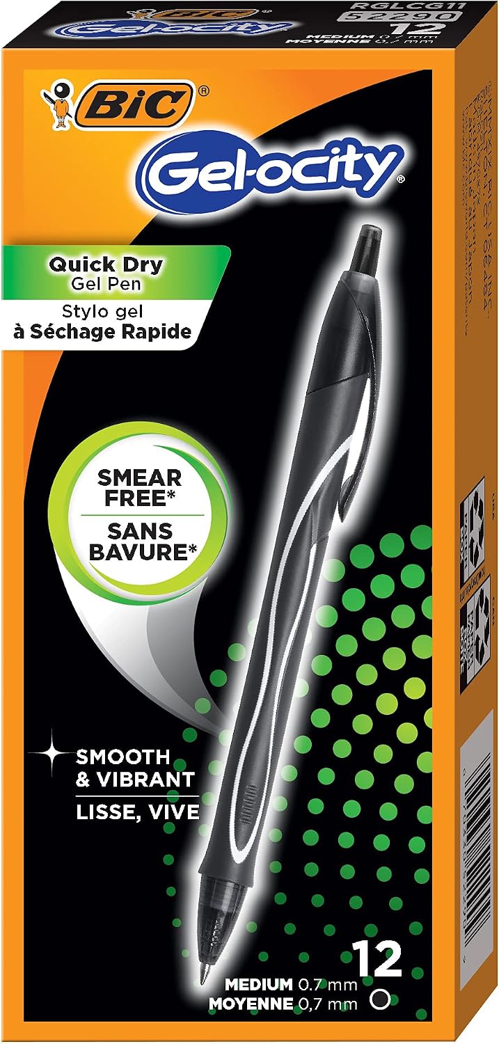 BIC Gelocity Quick Dry Black Gel Pens, Medium Point, 0.7 mm, 12-Count | Quick Dry Ink Resists Smearing | Full-Length Comfort Grip | Ideal for Students and Teachers | 12 Pens in Pack
