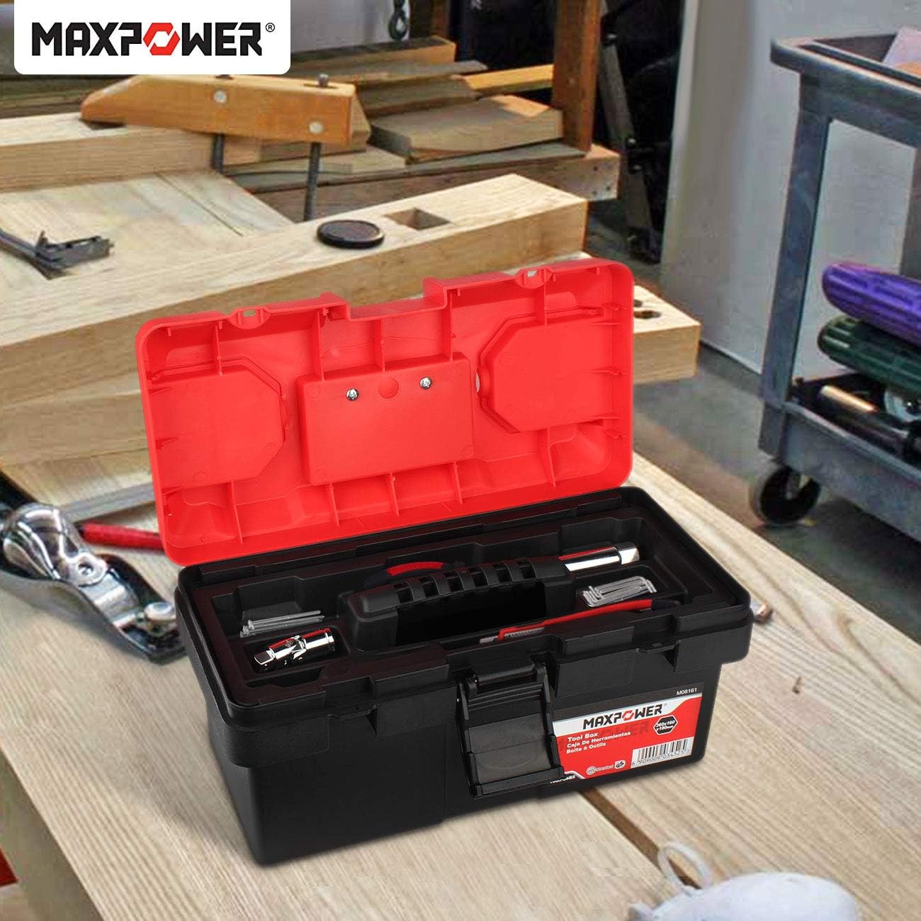 MAXPOWER Small Tool Box, 14-inch Plastic Tool Boxes with Handle | Removable Tray with Dual Lock Secured, Red Toolbox for Home