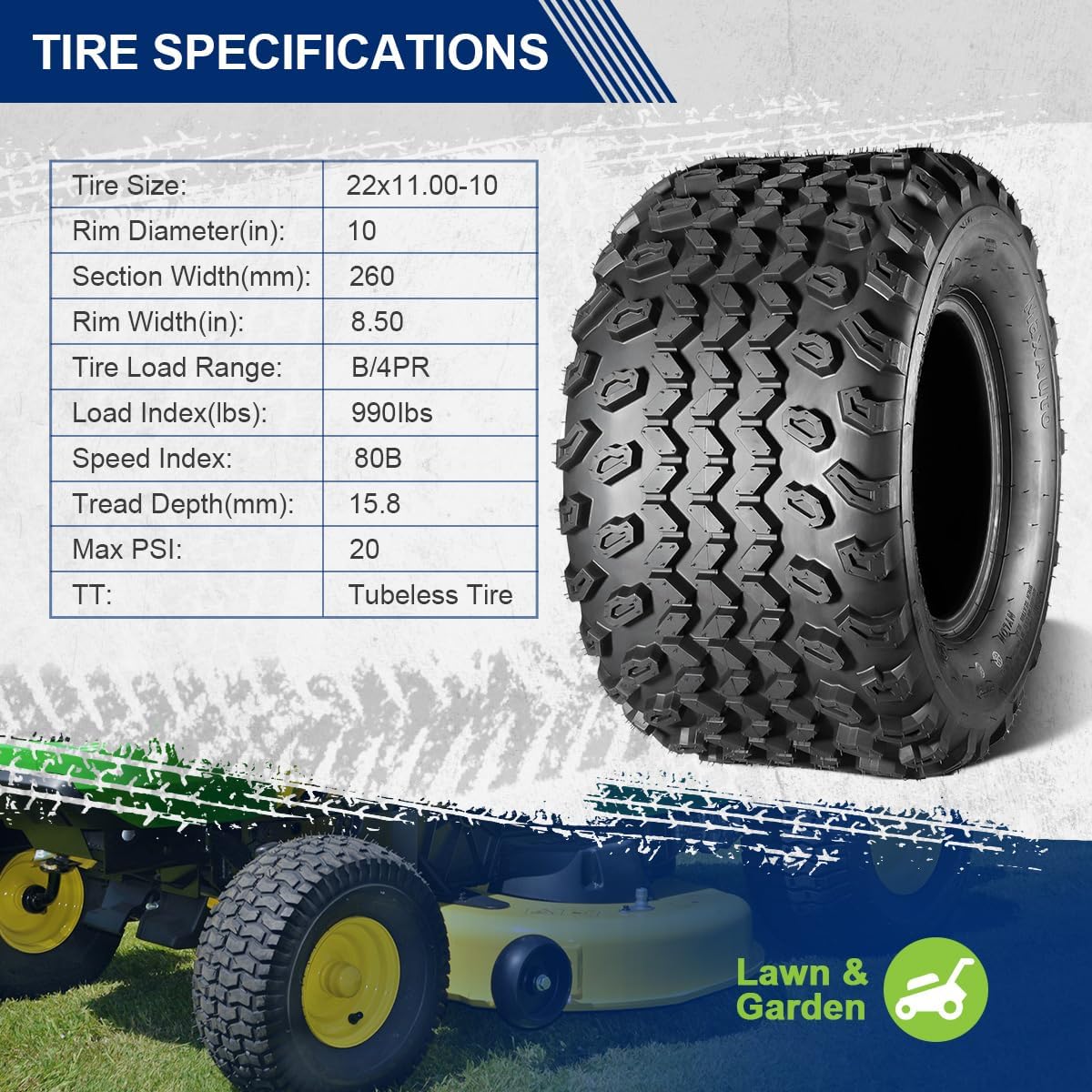 MaxAuto 2pcs 22x11.00-10 Hilly Lawn Tires, 22x11x10 Golf Cart Tires, 4Ply