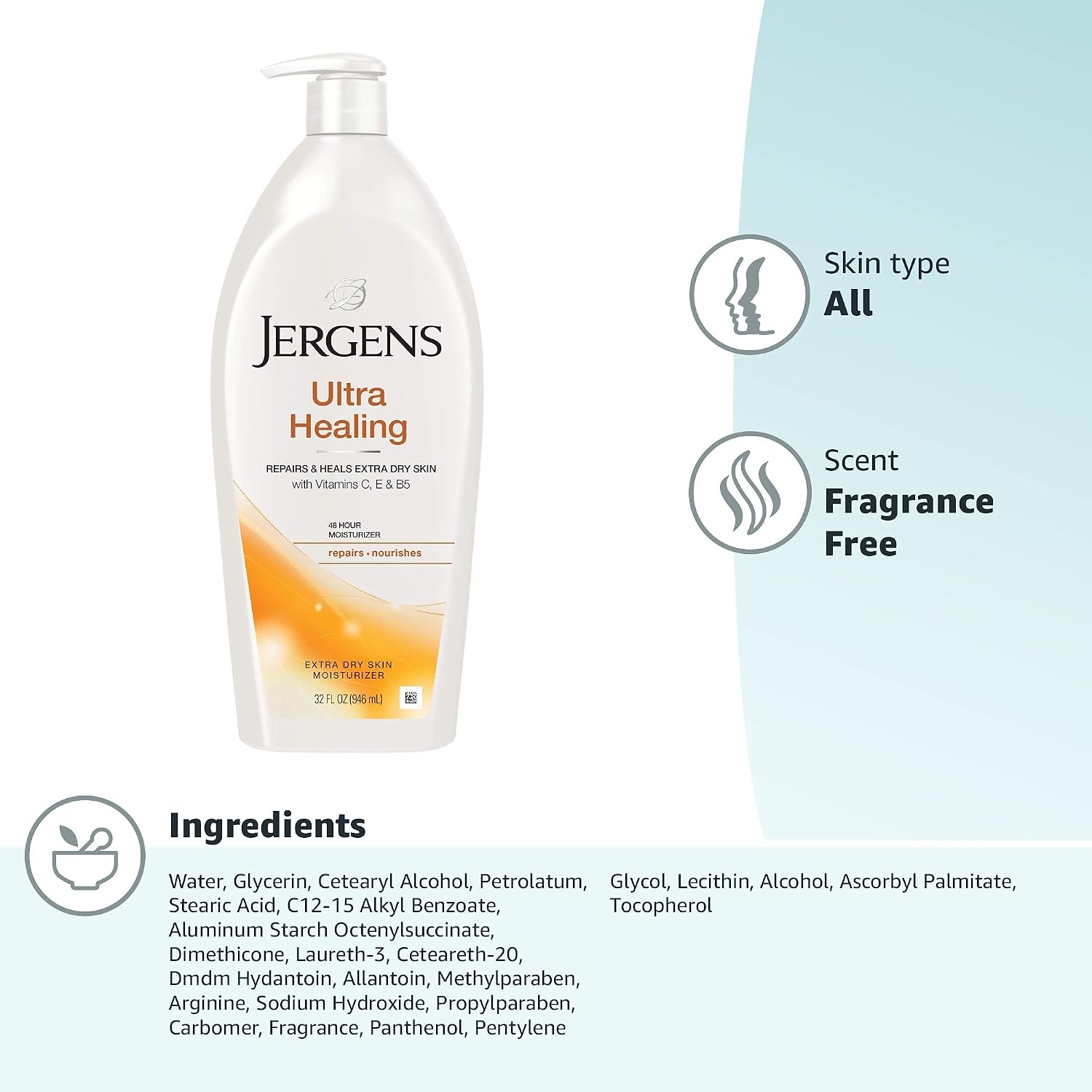 Jergens Ultra Healing Dry Skin Lotion, Hand and Body Moisturizer for Quick Absorption into Extra Dry Skin with Hydralucence Blend, Vitamins C, E and B5, White, 32oz