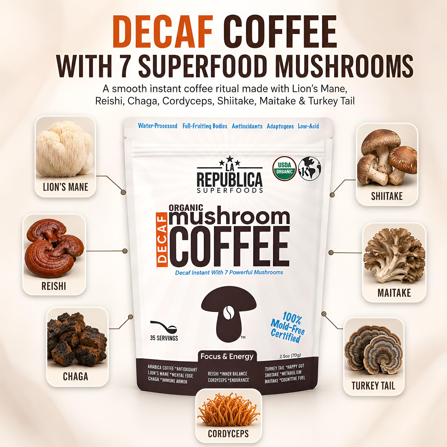 La Republica DECAF Organic Mushroom Coffee (35 Servings) with 7 Superfood Shrooms, Great Tasting Instant Mix Includes Lion's Mane, Reishi, Chaga, Cordyceps, Shiitake, Maitake, and Turkey Tail (Decaffeinated)