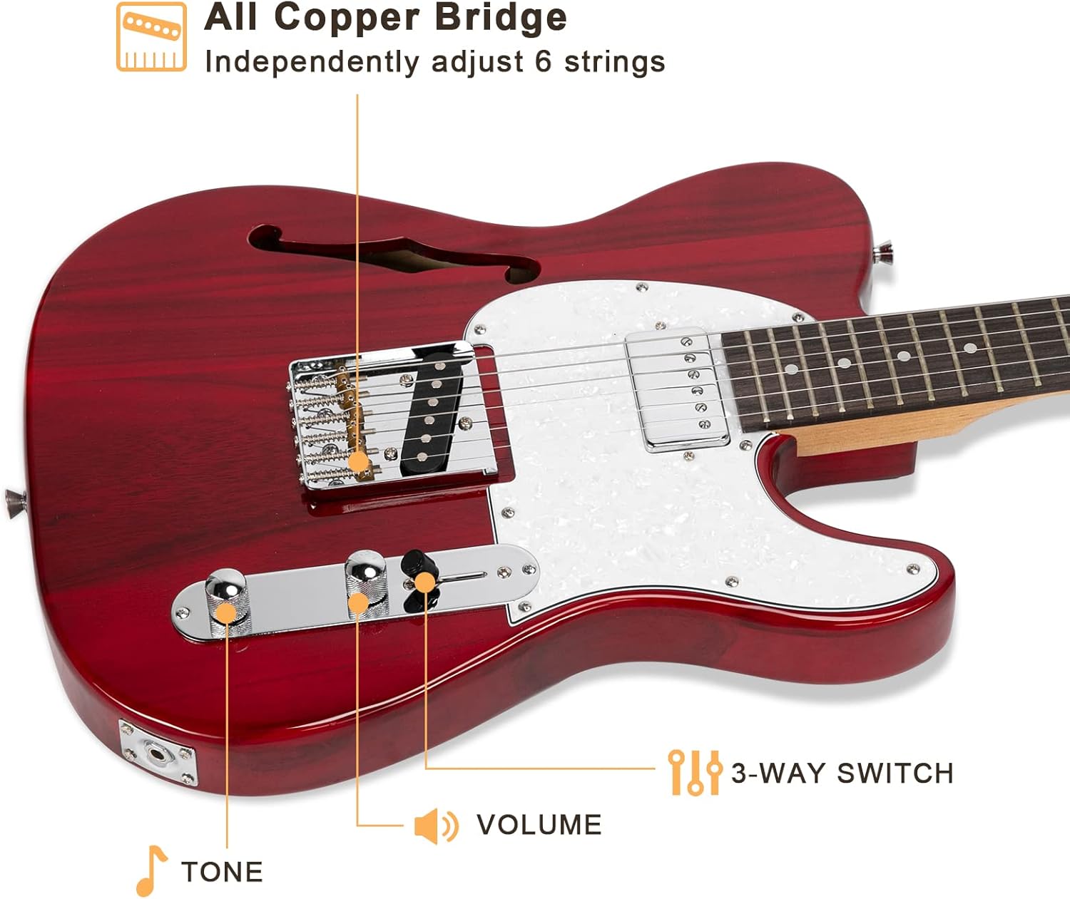 GLARRY 39" GTL Semi-Hollow Electric Guitar for Music Lover, HS Pickups Rosewood Fingerboard with Accessories Pack Guitar Bag(Transparent Wine Red)