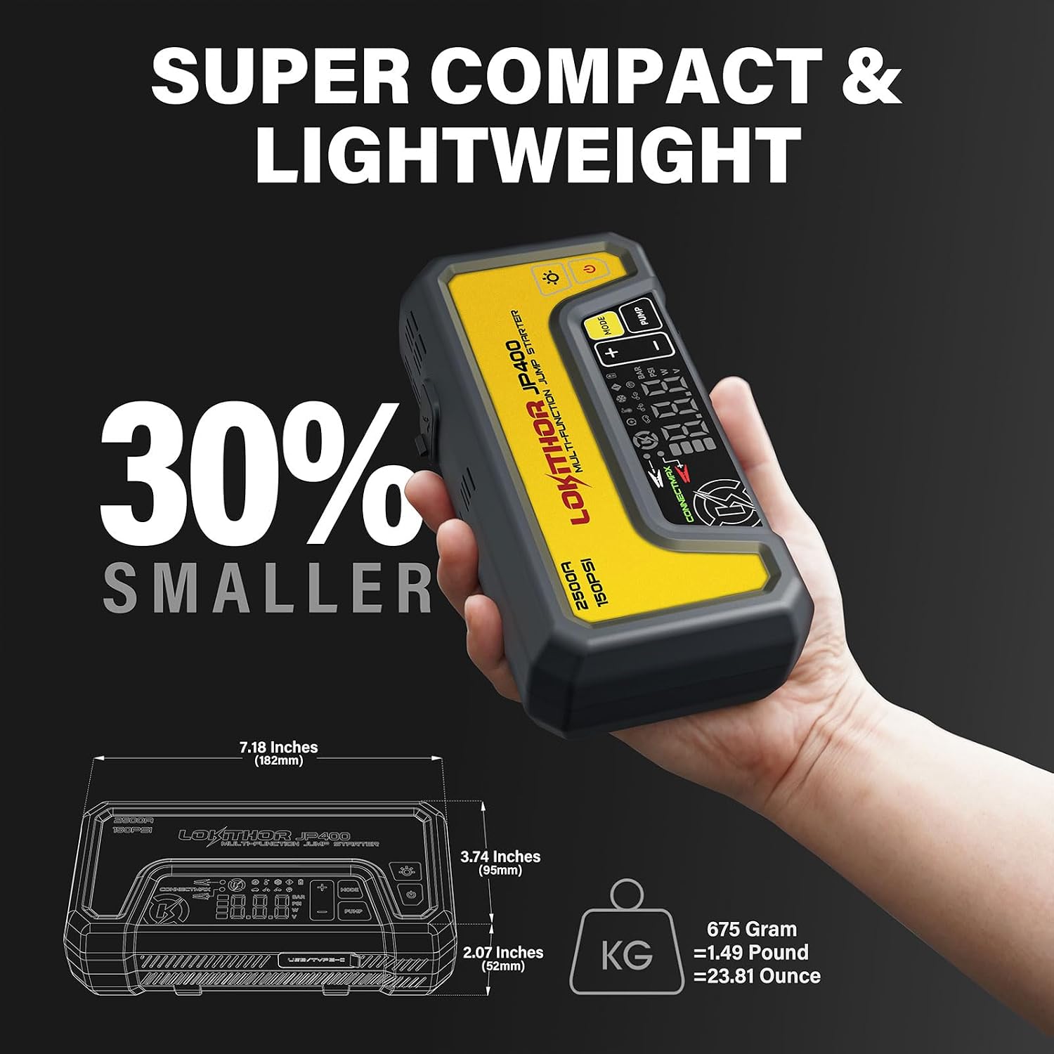 LOKITHOR JP400 Jump Starter with Air Compressor for 8.5L Gas/6.5L Diesel | 2500A 12V Portable Jumper Starter for Car, 150PSI Tire Inflator, 300 Lumen LED Light, Power Bank, ConnectMax, Jumper Cables