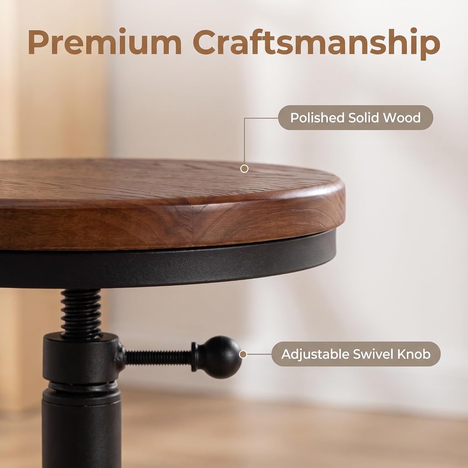 Set of 2 Industrial Bar Stools Short Stool Swivel Wooden Seat Kitchen Island Chairs Counter Height Adjustable 15.2-21inch