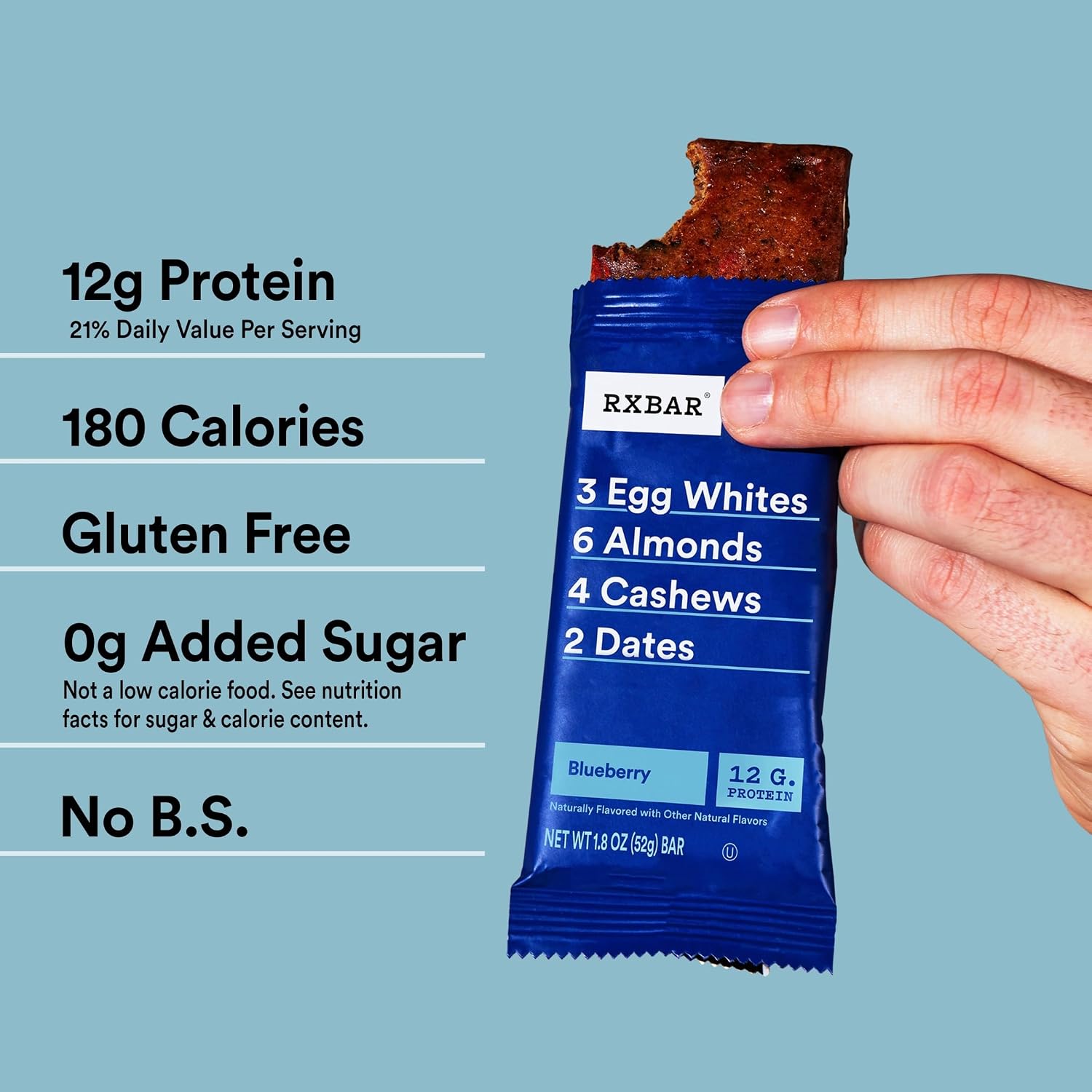 RXBAR Protein Bars, 12g Protein, Gluten Free Snacks, Blueberry, 22oz Box (12 Bars)