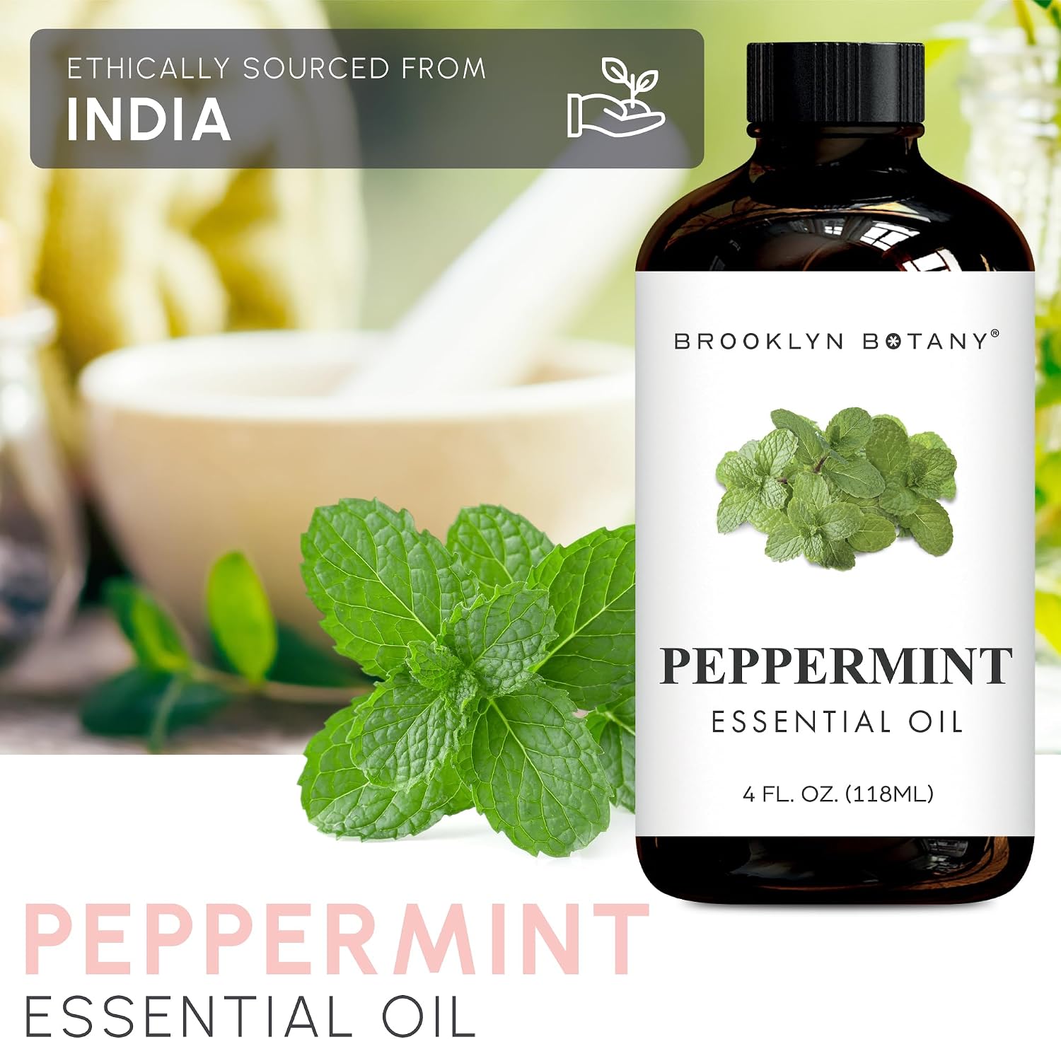 Brooklyn Botany Peppermint Essential Oil - Huge 4 Fl Oz - 100% Pure and Natural - Premium Grade with Dropper - for Aromatherapy and Diffuser