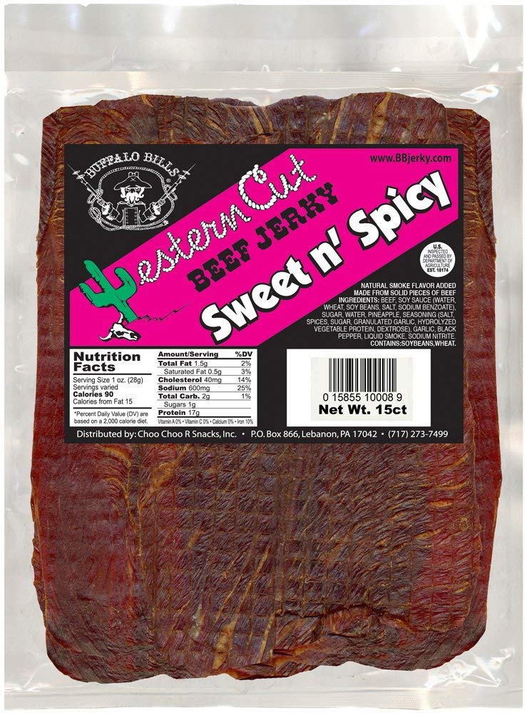 Buffalo Bills 18 Oz Sweet & Spicy Western Cut Beef Jerky, 15 Slabs Per Bag | USDA Inspected, Thin-Sliced, A Little Dry, 100% US Beef , 8" X 4" Slabs, Western-Style Jerky,Protein-Rich Meat Snacks