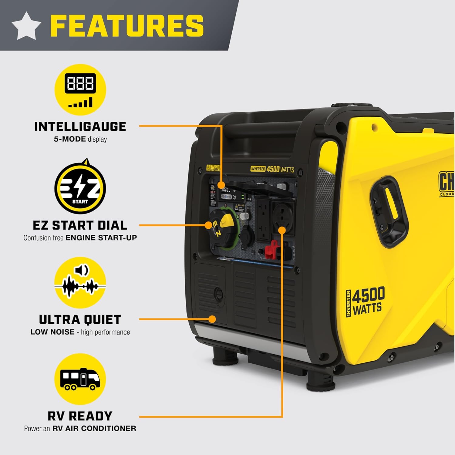Champion Power Equipment 4500-Watt RV Ready Portable Inverter Generator with Quiet Technology and Free 3-Year Warranty