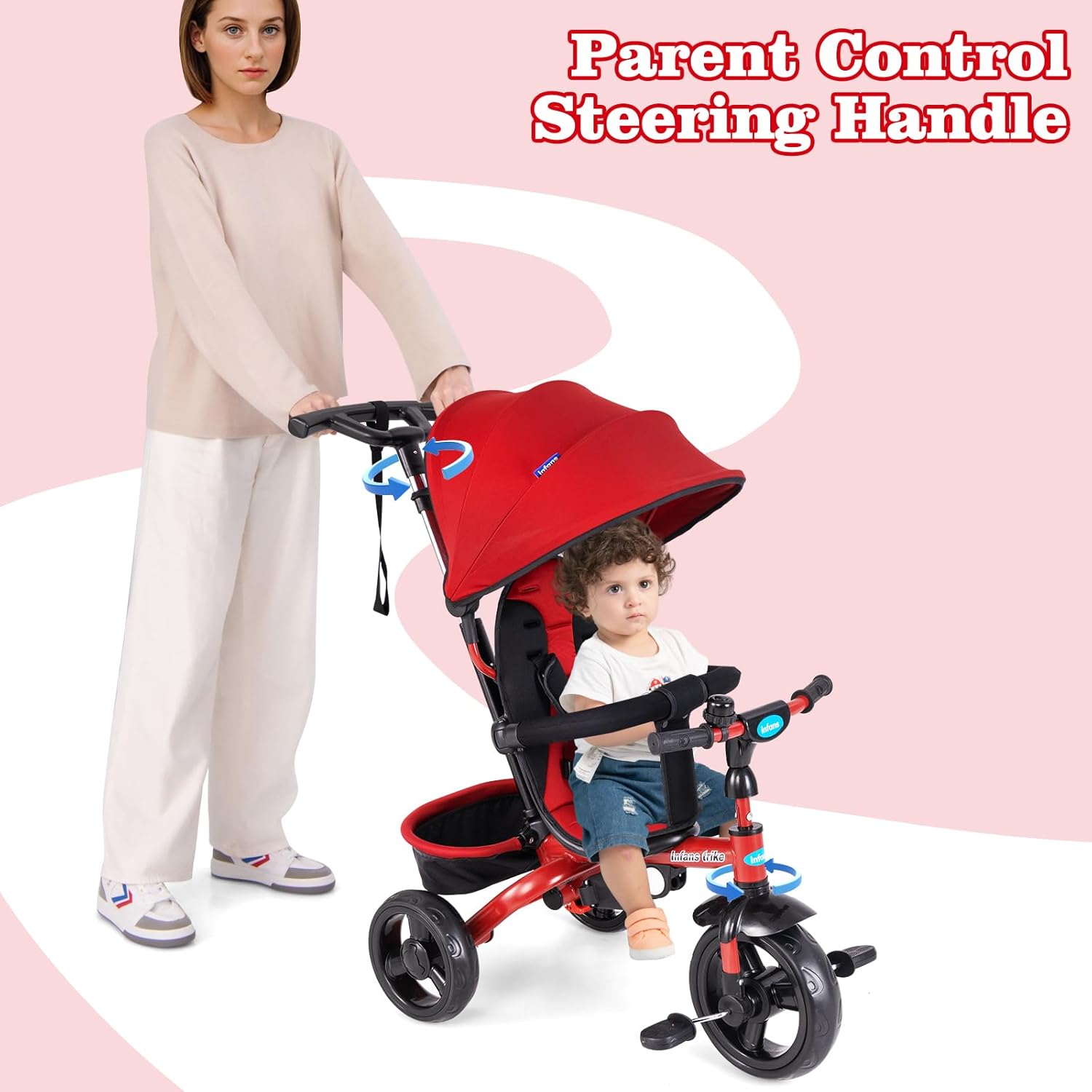 INFANS Kids Tricycle, 6 in 1 Stroll Trike with Adjustable Push Handle, Removable Canopy, Retractable Foot Plate, Lockable Pedal, Detachable Guardrail, Suitable for 10 Months to 5 Years (Blue)