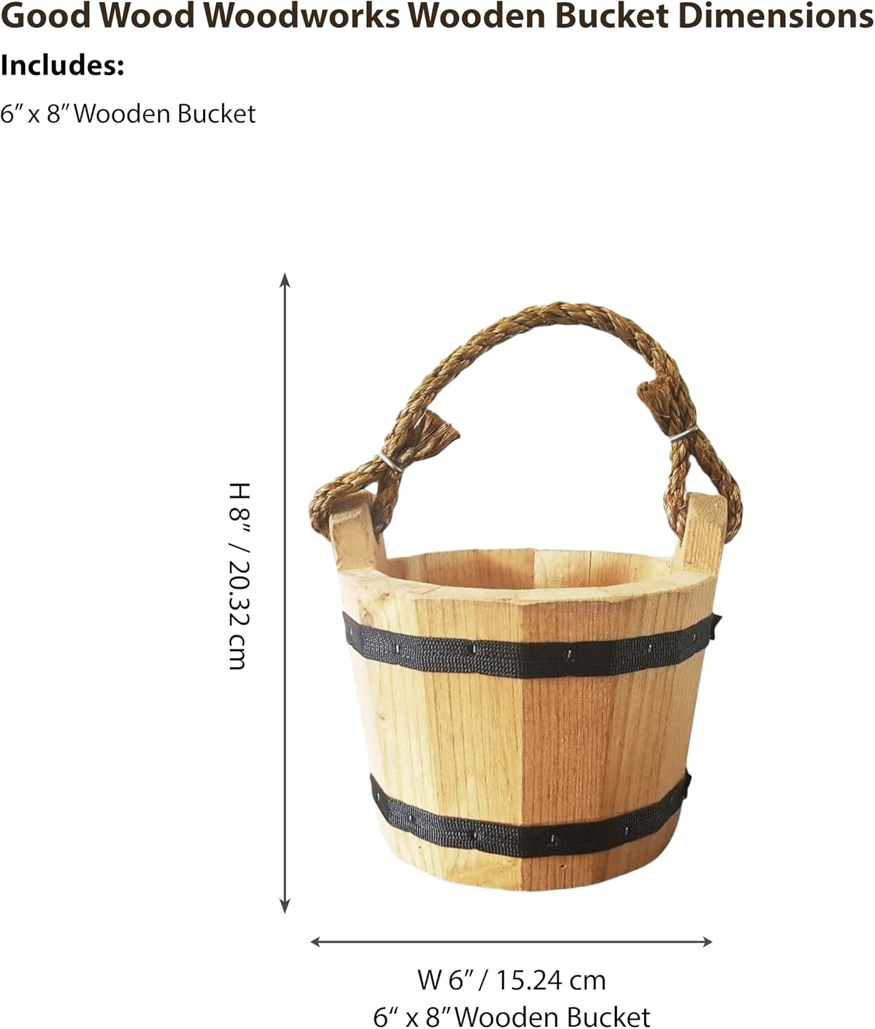 GOOD WOOD - Wooden Bucket 6" x 8" Water Wishing Well Pail with Rope Twine Handle Solid Wood Vintage Style Primitive Planter - Made in the USA