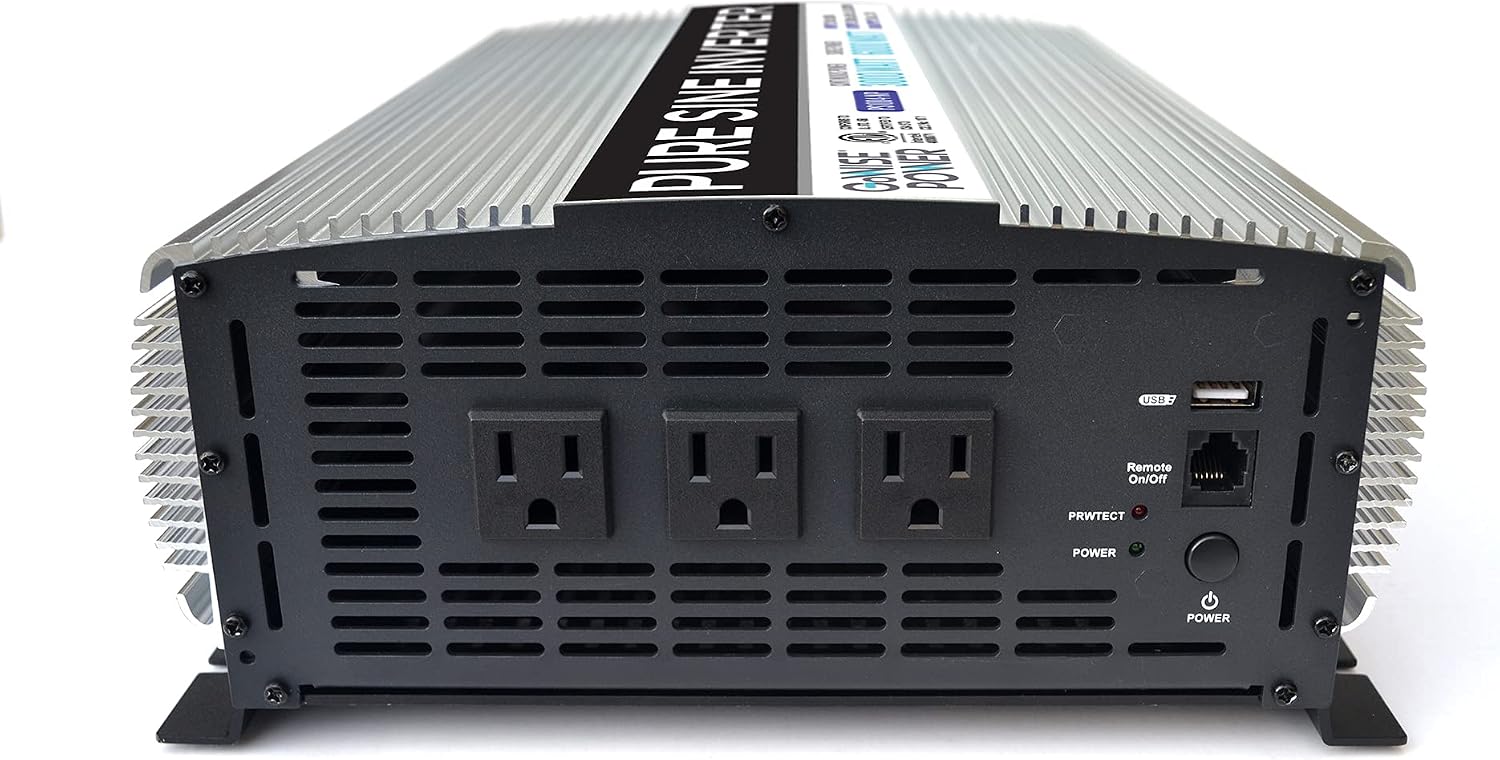 PS1004 3000W Continuous 6000W Surge Peak Power Pure Sine Wave Inverter with Starter Cables and 4 Output Sockets, Updated Model, Grey, Standard