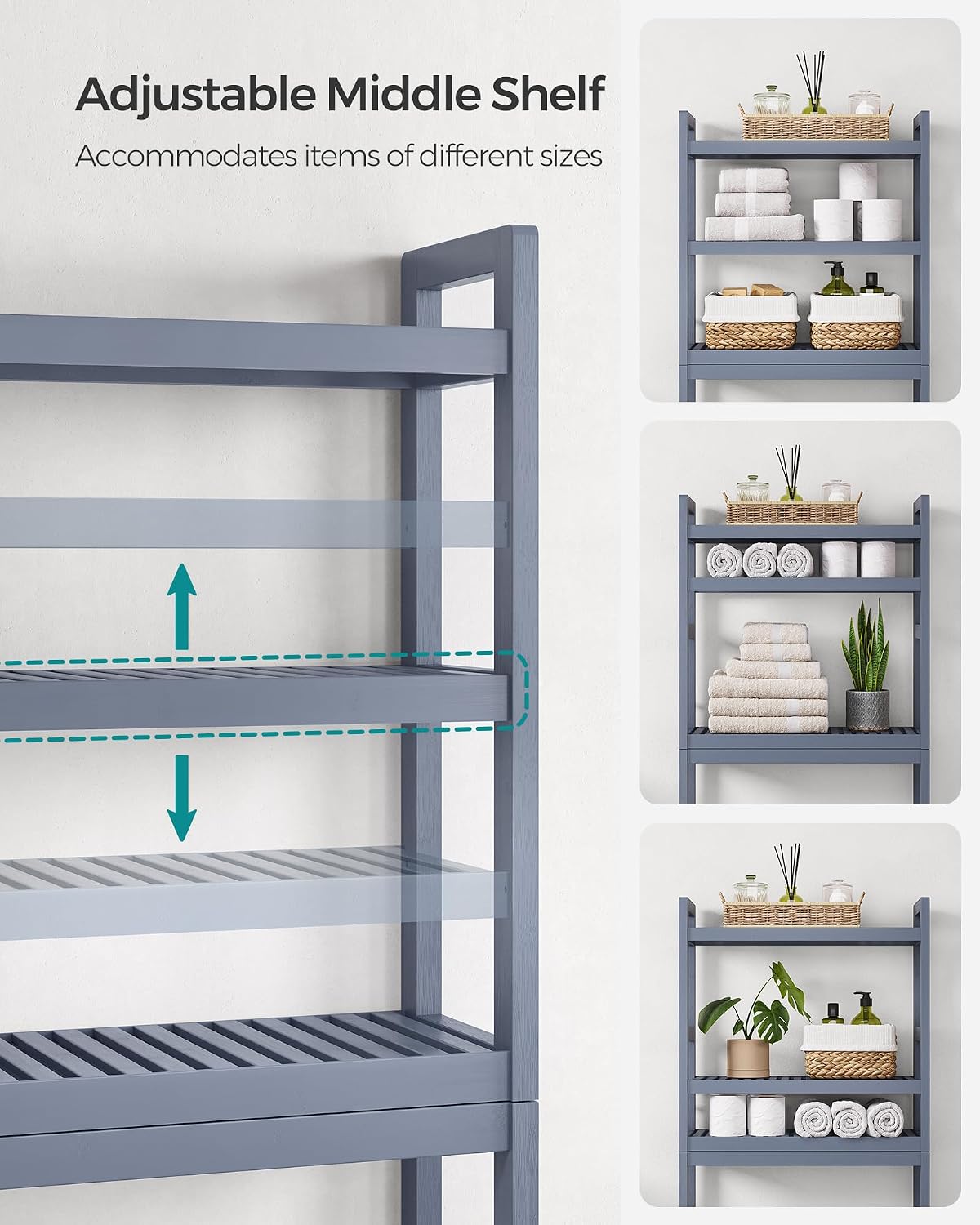 SONGMICS Over The Toilet Storage, 3-Tier Over Toilet Bathroom Organizer with Adjustable Shelf, 10.2 x 24.8 x 66.9 Inches, Space-Saving, Cloud White UBTS01WT