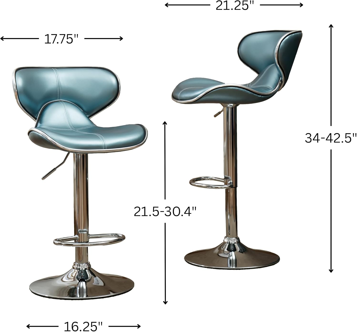 Roundhill Furniture Masaccio Cushioned Leatherette Upholstery Airlift Adjustable Swivel Barstool with Chrome Base, Set of 2, Blue