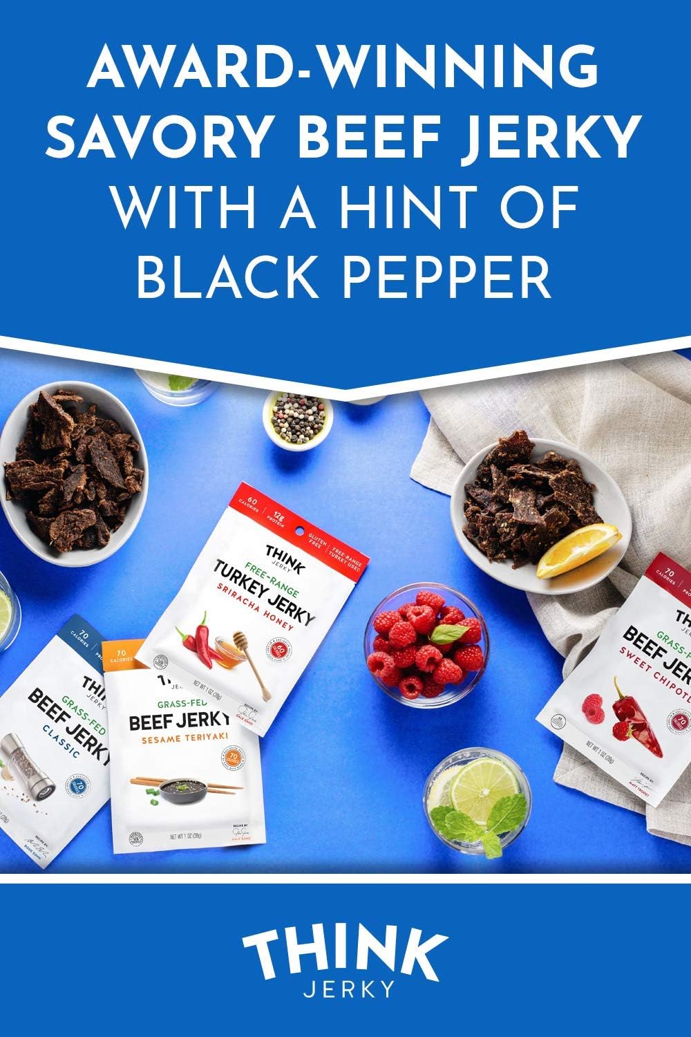 Think Jerky Sesame Teriyaki Beef Jerky, Grass-Fed High Protein Beef Jerky, Gluten Free, No Antibiotics or Nitrates, Healthy Chef Crafted Recipe, Low Calorie and Low Fat - 2.2 oz Bags, 4 Pack