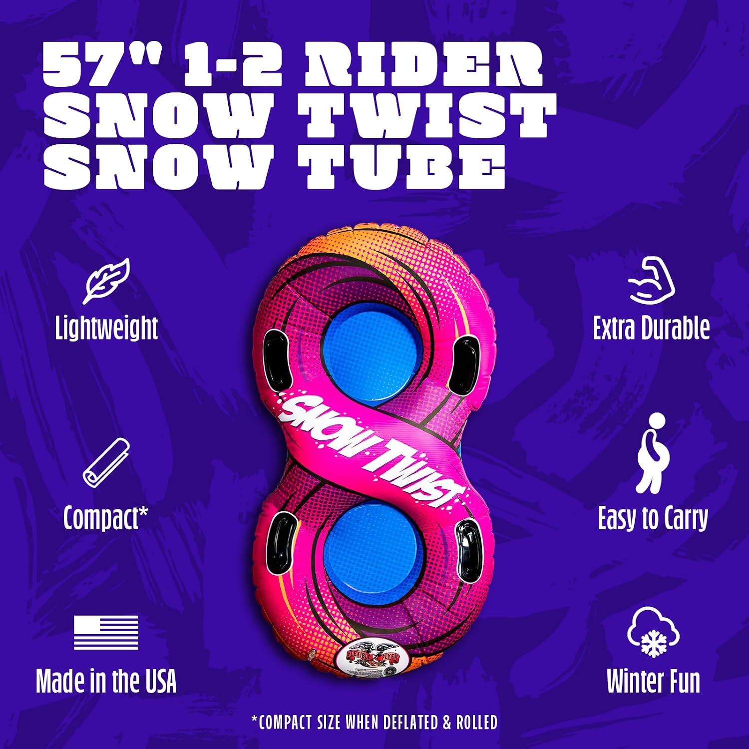 Flexible Flyer 57" Snow Twist Inflatable Tube Sled - 2-Person Pool Float and Snow Tube for Year Round Fun - Heavy Duty Double Sled with Handles for