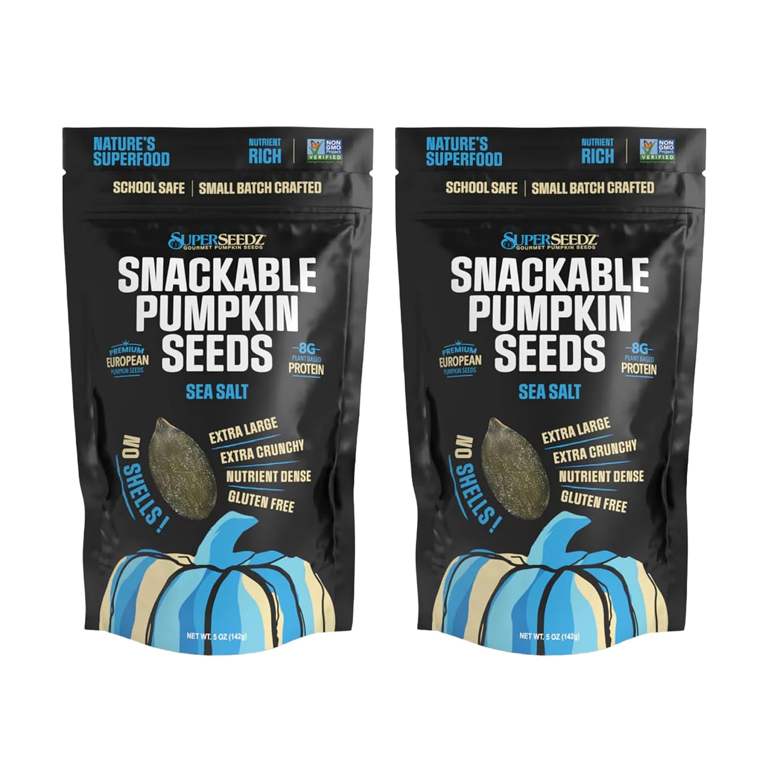 SuperSeedz Dry Roasted Pumpkin Seeds with Sea Salt w/8g Protein (5oz Bag) | Nn-GMO, Gluten-Free, Keto Snacks – Nut-Free & School Friendly Organic Pumpkin Seeds – Large European No Shell Pepitas