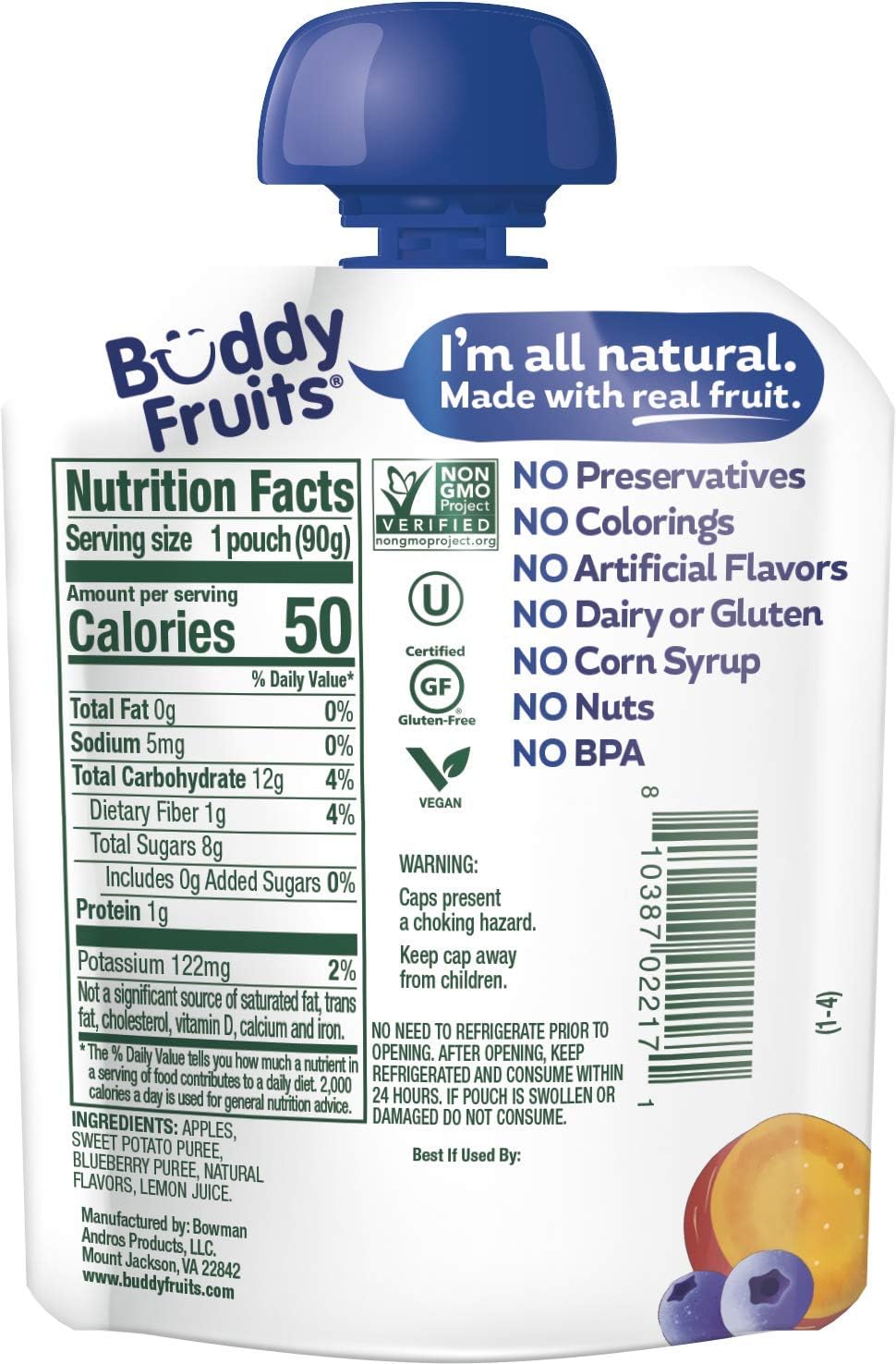 Buddy Fruits Snacks To Go Multifruit Unsweetened Applesauce 3.2oz Pouch (18pk) Gluten-Nut-Dairy-Preservatives-BPA Free, Non GMO, Kosher