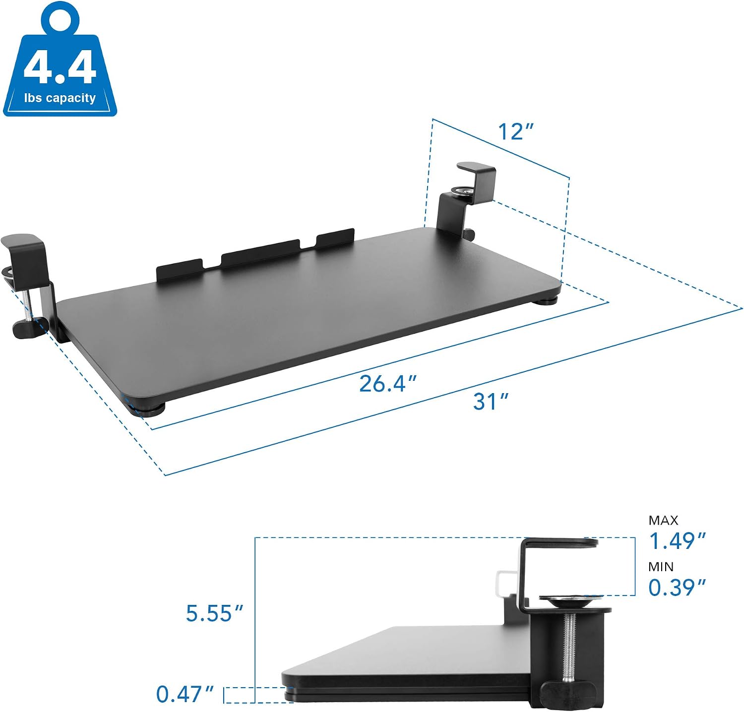 Mount-It! Clamp-On Under Desk Keyboard Tray, No-Drill Slide-Out Keyboard & Mouse Platform, 26.4" W × 11.8" D, Adjustable Ergonomic Keyboard Drawer
