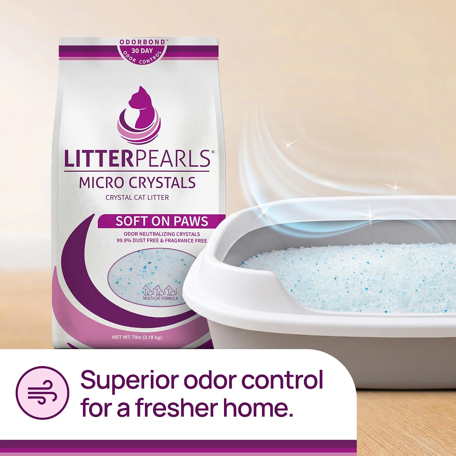 Litter Pearls Micro Crystals Unscented Non-Clumping Crystal Cat Litter with Odorbond, 7 lb, White, Clear and Blue Crystals (LPMC7)