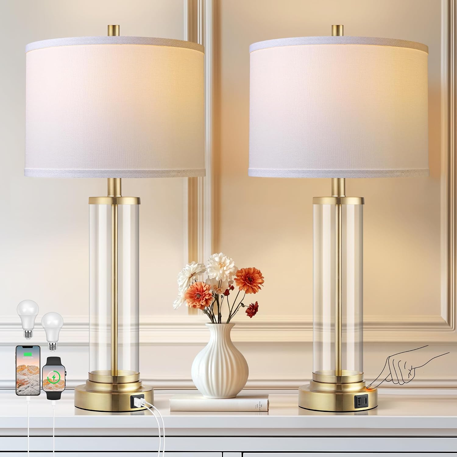 QiMH Lamps for Bedrooms Set of 2, Touch Control Table Lamps with USB A+C Ports, 3-Way Dimmable Bedside Lamp with Fabric Lampshade