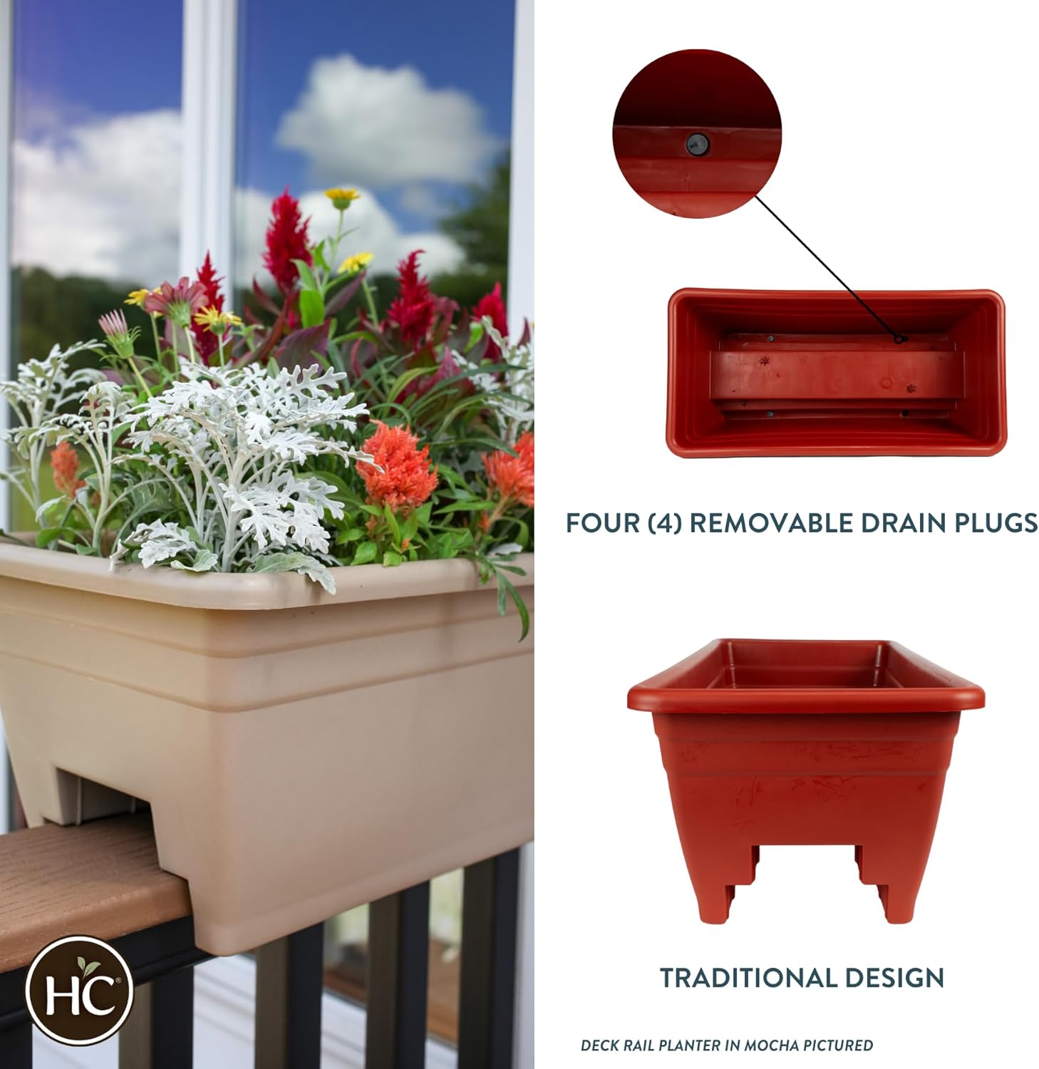 The HC Companies 24 Inch Deck Rail Box Planter Lightweight Outdoor Plastic Plant Pot for Herbs and Flowers, White