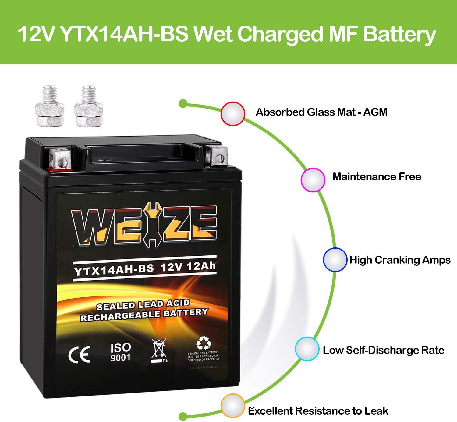 Weize YTX14 BS ATV Battery High Performance - Maintenance Free - Sealed AGM YTX14-BS Motorcycle Battery compatible with Honda Suzuki Kawasaki Yamaha scooter snowmobile