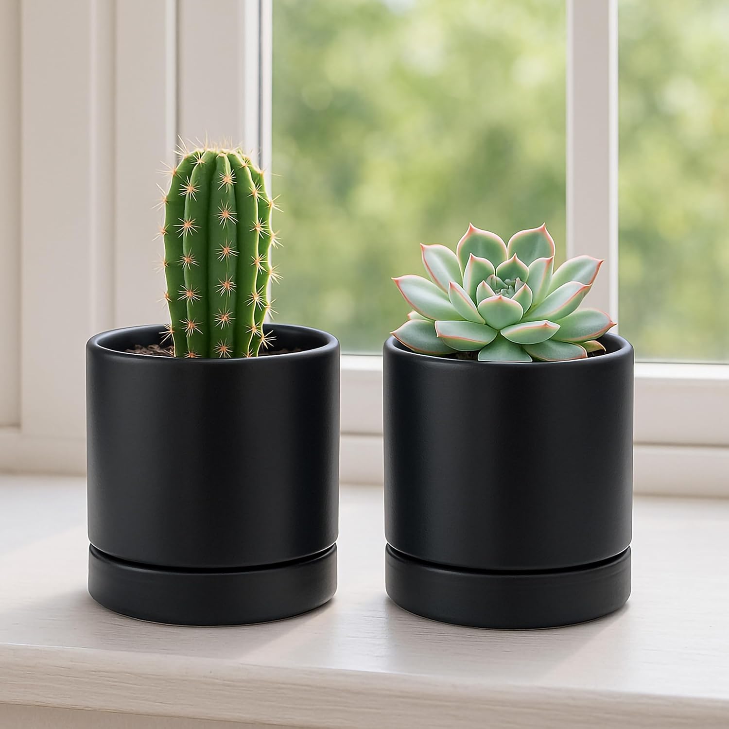 D'vine Dev 2-Pack Ceramic Pots with Saucers, White/Grey, 4.7 in, 94-V-B-6