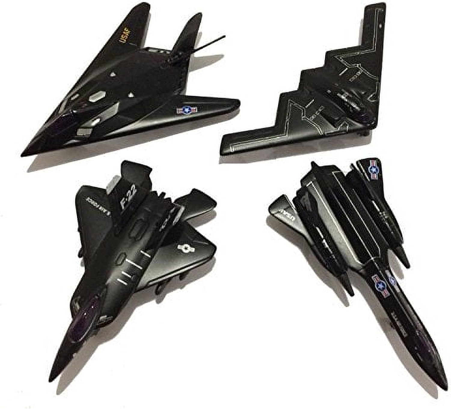 Die-Cast Metal United States Air Force Stealth Aircraft Set, 4.5 Inch, 4-Pack with Pullback Action, B2 Bomber, SR-71 Blackbird, F-117 Nighthawk