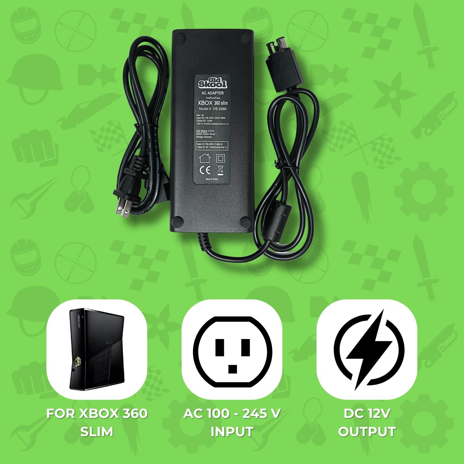 Old Skool AC Adapter Power Supply Cord for Xbox 360 Slim | For Xbox 360, Power Supply