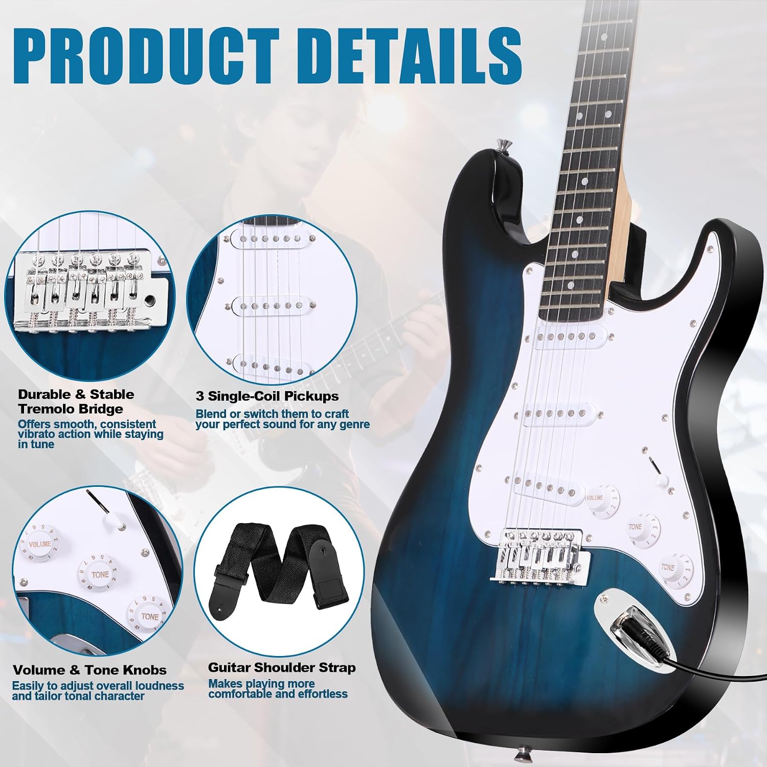 ZENY 39" Full Size Electric Guitar with Amp, Case and Accessories Pack Beginner Starter Package, Blue Ideal Christmas Thanksgiving Holiday Gift