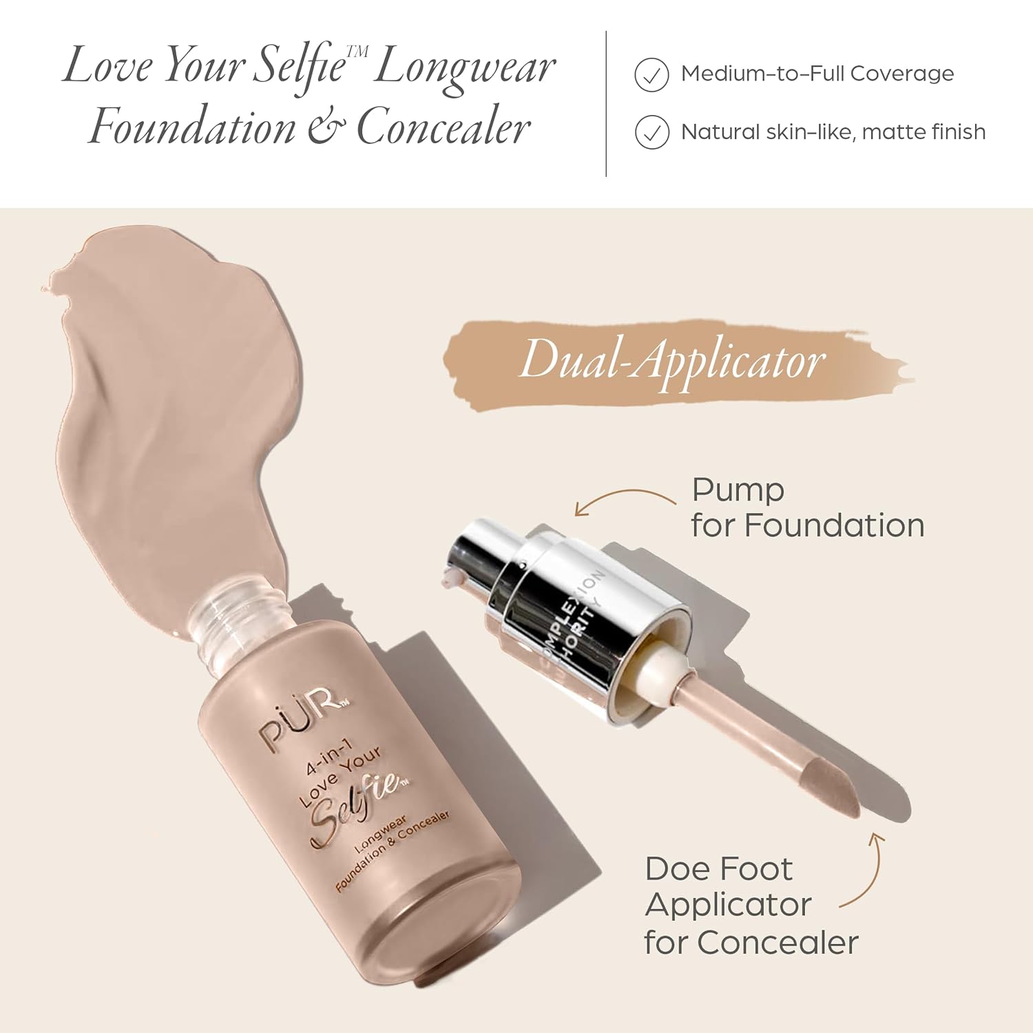 PÜR MINERALS 4-in-1 Love Your Selfie Foundation & Concealer - Longwear Medium-to-Full Coverage Liquid Makeup Foundation with Hydrating Blend for Refined-Looking, Natural Beauty Glow & Skin Texture