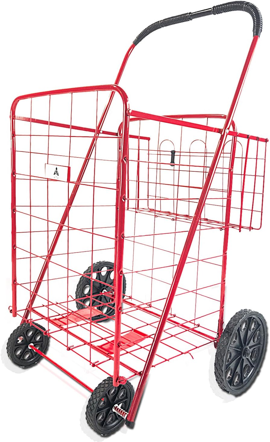 ATH Large Deluxe Rolling Utility / Shopping Cart - Stowable Folding Heavy Duty Cart with Rubber Wheels For Haul Laundry, Groceries, Toys, Sports Equipment, Red