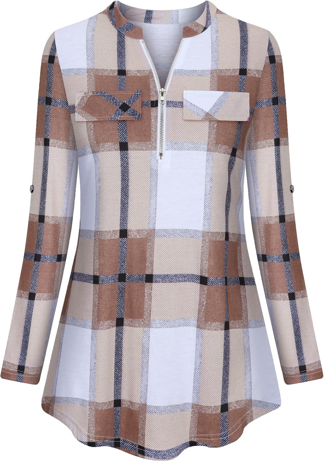 Tanst Sky Womens Casual Long Sleeve Zipped V Neck Plaid Tunic Blouses