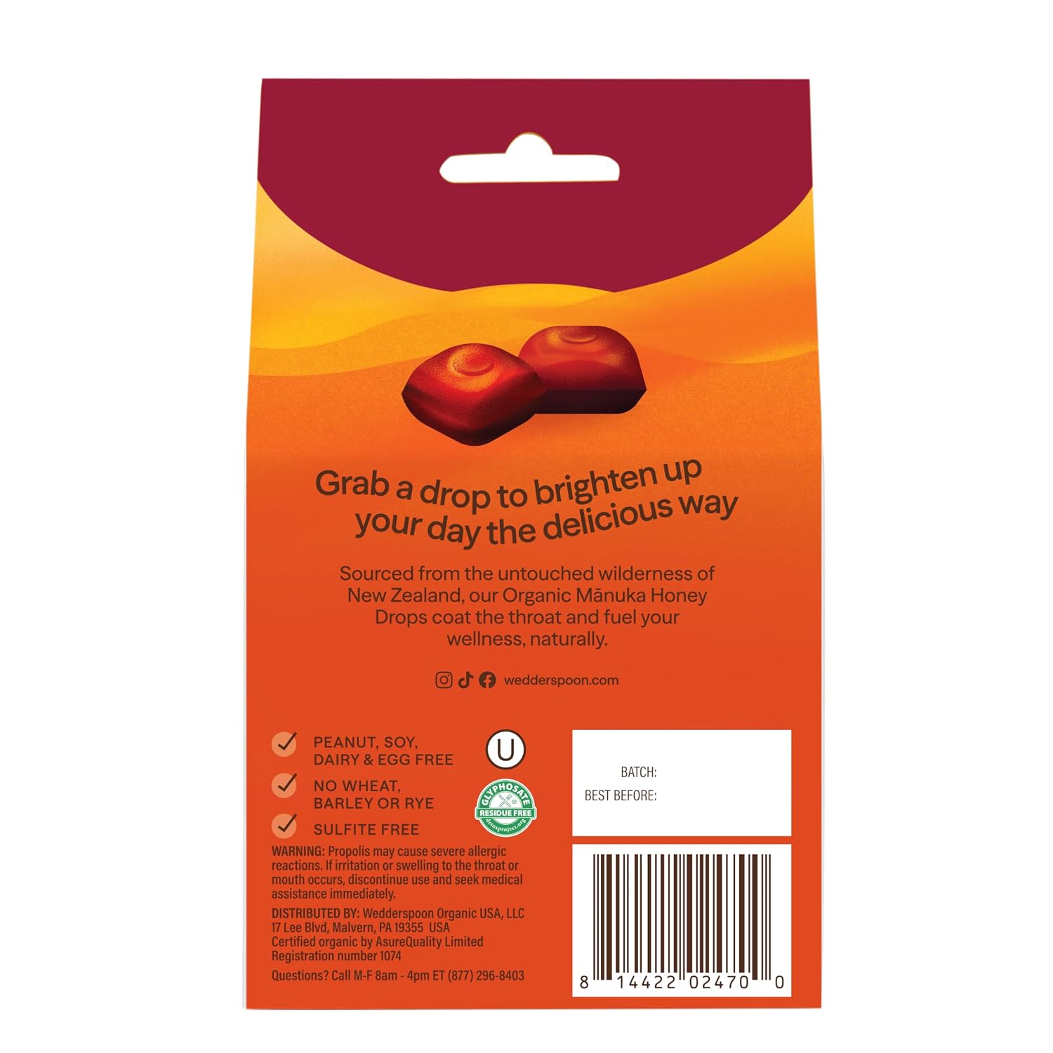 Wedderspoon Organic Manuka Honey Drops, Honey & Echinacea, 20 Count | USDA Organic | Genuine New Zealand Honey, Natural Remedy for Dry Throat | USDA Organic, Genuine New Zealand Honey, Natural Remedy for Dry Throat
