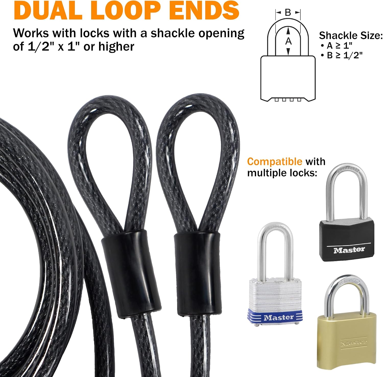 Lumintrail 12mm (1/2 inch) Heavy-Duty Security Cable, Vinyl Coated Braided Steel with Sealed Looped Ends (4', 7', 10', 15' or 30') (7-FT)