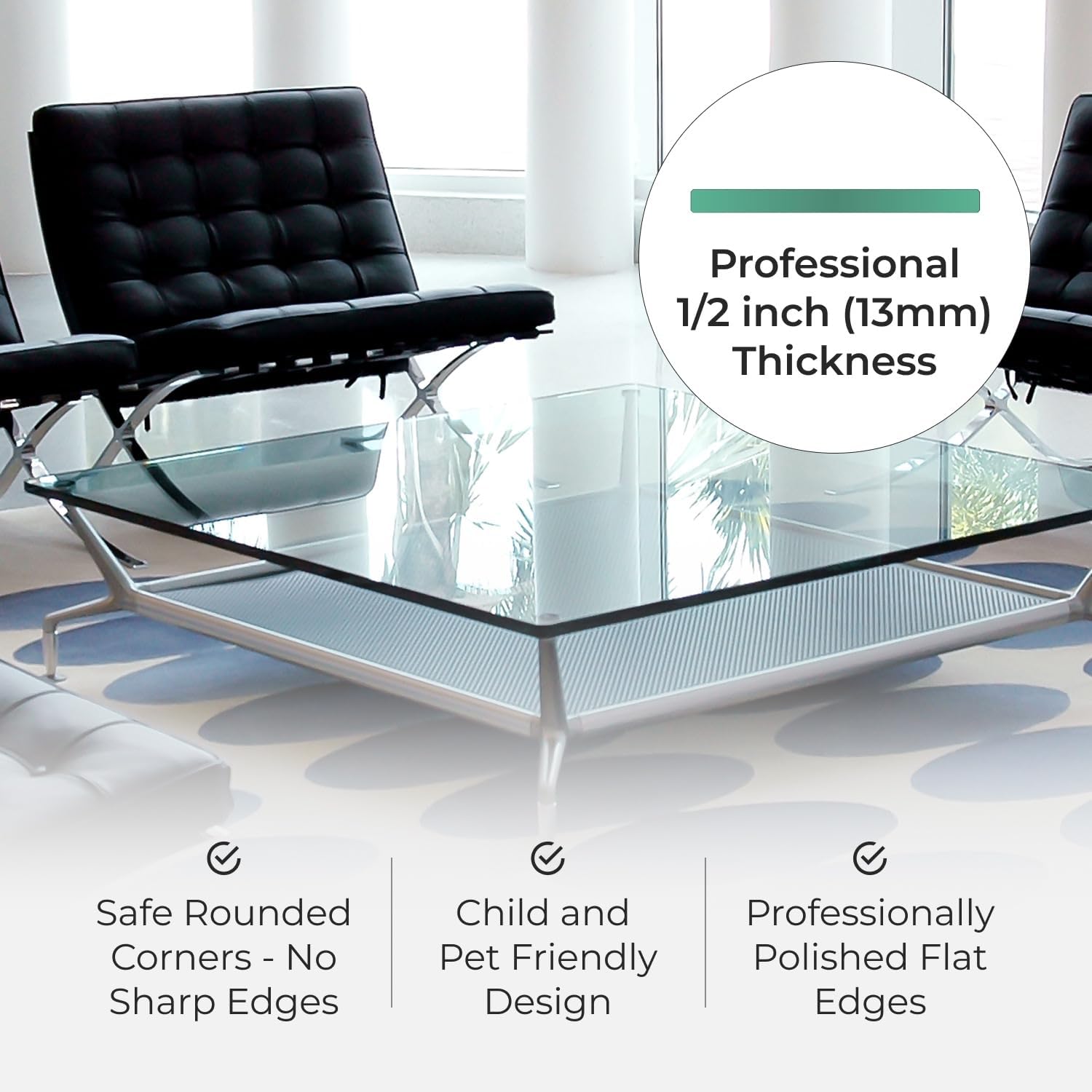 Tempered Glass Table Top Rectangle - 1/2 Inch Thick Heavy Duty for Dining Coffee Tables Desks - Flat Polish Edge Safe Corners - 24" X 48"