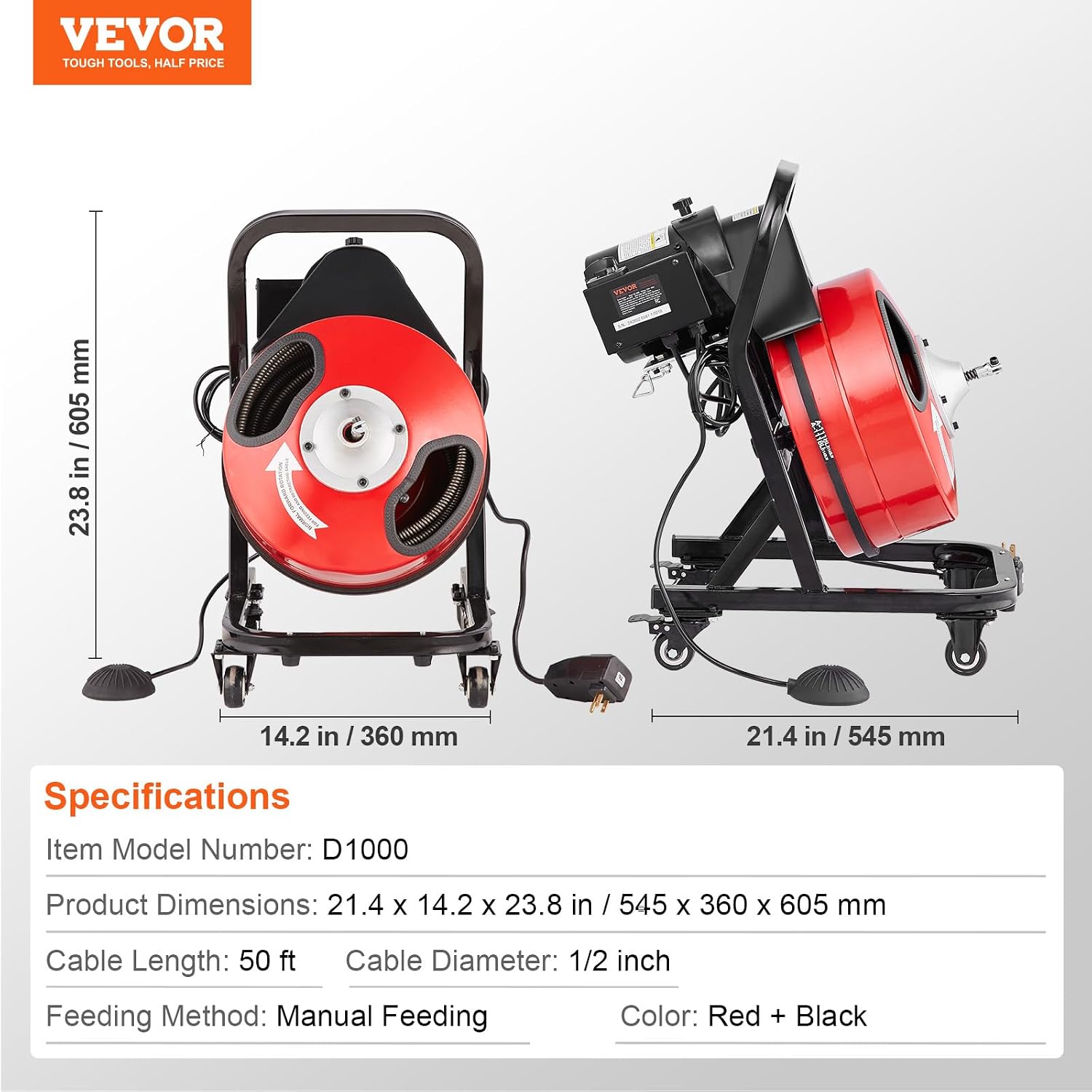 VEVOR Drain Cleaner Machine 100 FT x 3/4 Inch, Auto Feed Sewer Snake Auger, Portable Drain Cleaning Machine with Multi-Wheel Combination, 6 Cutters & Air-Activated Foot Switch for 4" to 8" Pipes