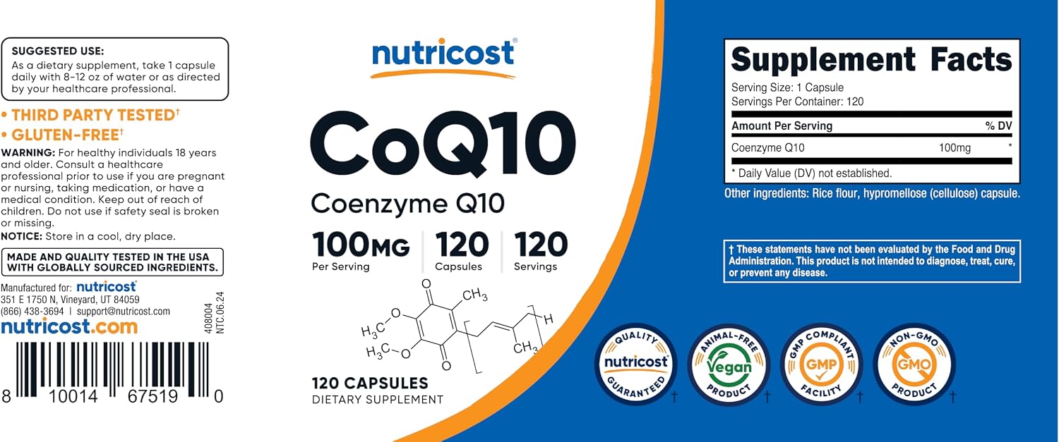 Nutricost CoQ10 100mg, 120 Vegetarian Capsules, 120 Servings, GMO-Free | High Absorption Coenzyme Q10