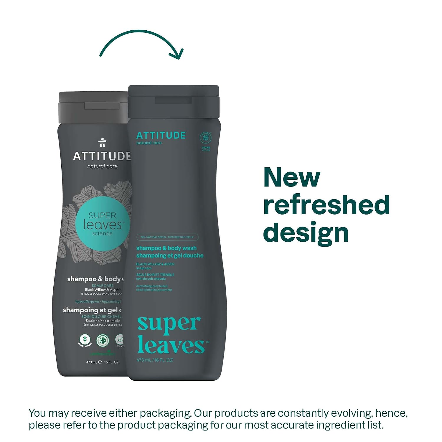 ATTITUDE 2-in-1 Body Wash & Shampoo for Men & Women, EWG Verified, Vegan, Natural Ingredients, Dermatologist-Tested, Ginseng and Grapeseed Oil, 16 Fl Oz