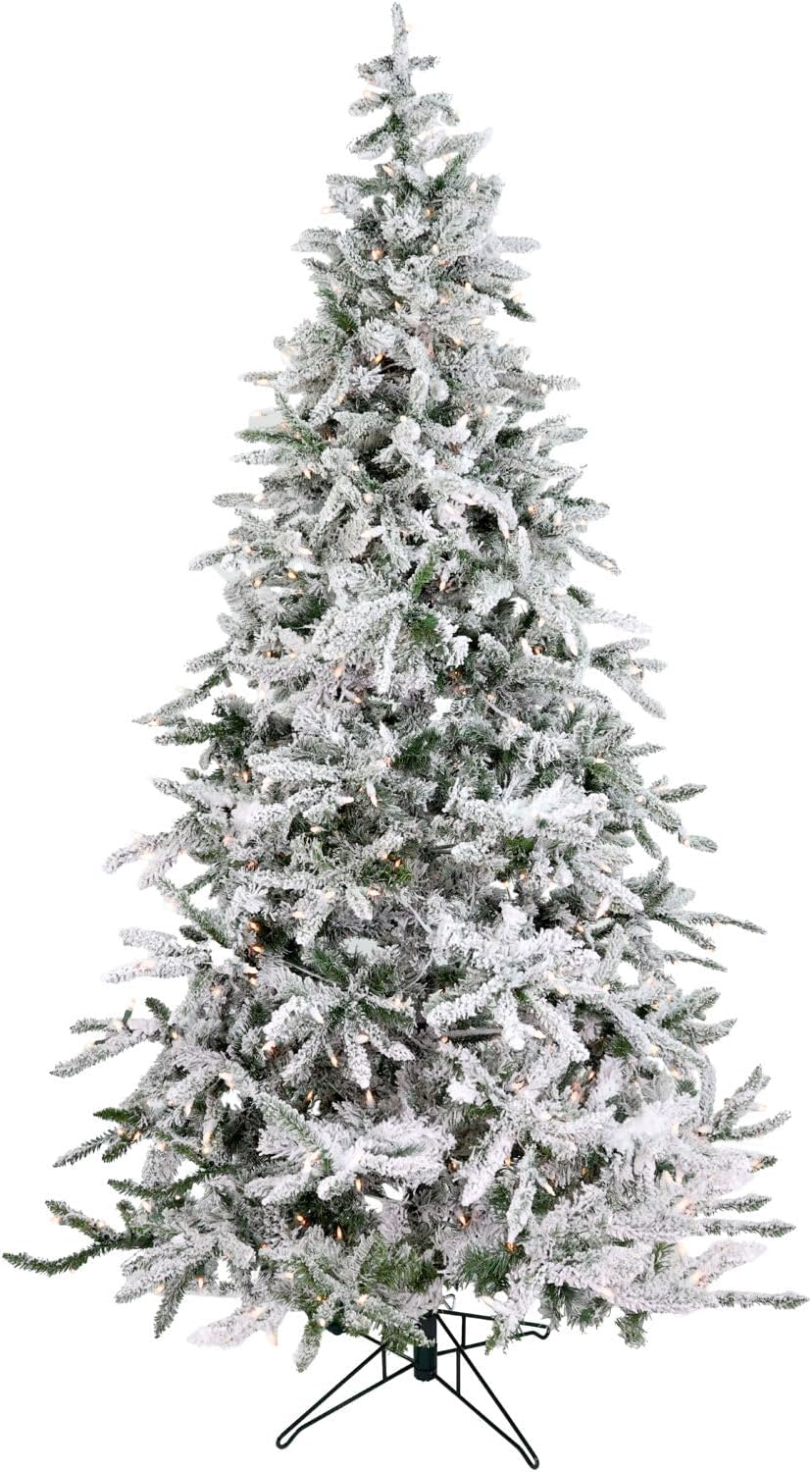 Fraser Hill Farm 7.5-Ft. Mountain Pine Flocked Artificial Christmas Tree with Stand, Unlit Foldable Fake Tree with Realistic Snowy Foliage for Home Decoration