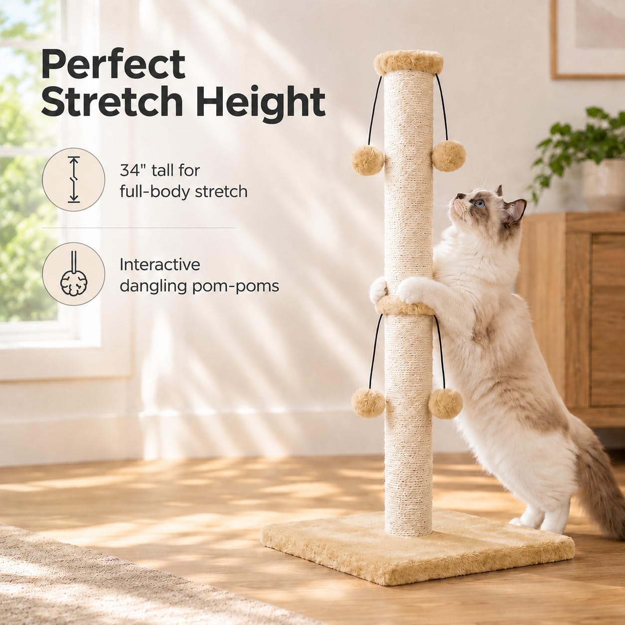 Dimaka 29'' Cat Scratching Post, Natural Sisal Rope Scratcher Post, Kitten Claw Scratch with 4 DanglingToy Balls for Large Cats (Grey)