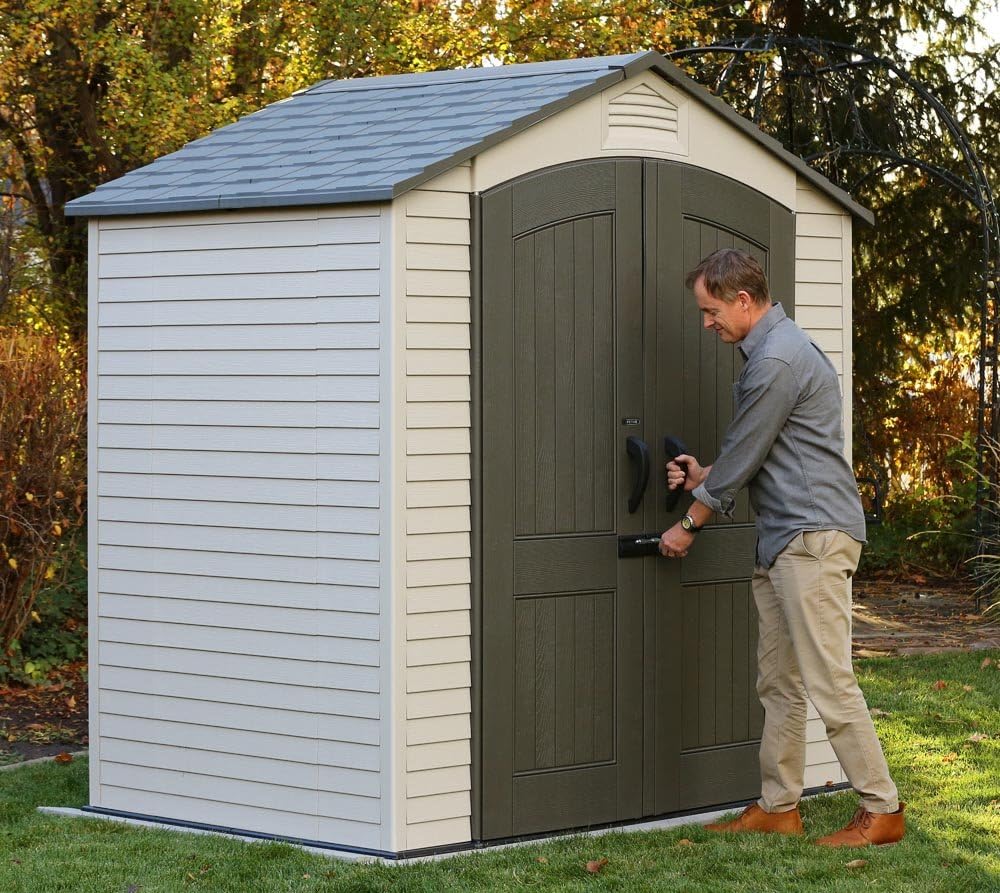 Lifetime 7' x 7' Outdoor Storage Shed with High-Density Polyethylene, Steel-Reinforced, Desert Sand